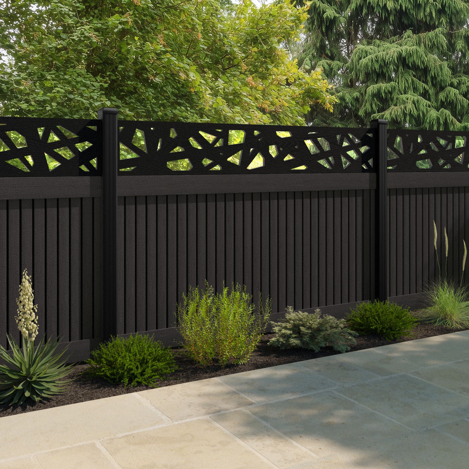 Virtis Prism Fence Panel - Dark Oak - with our aluminium posts
