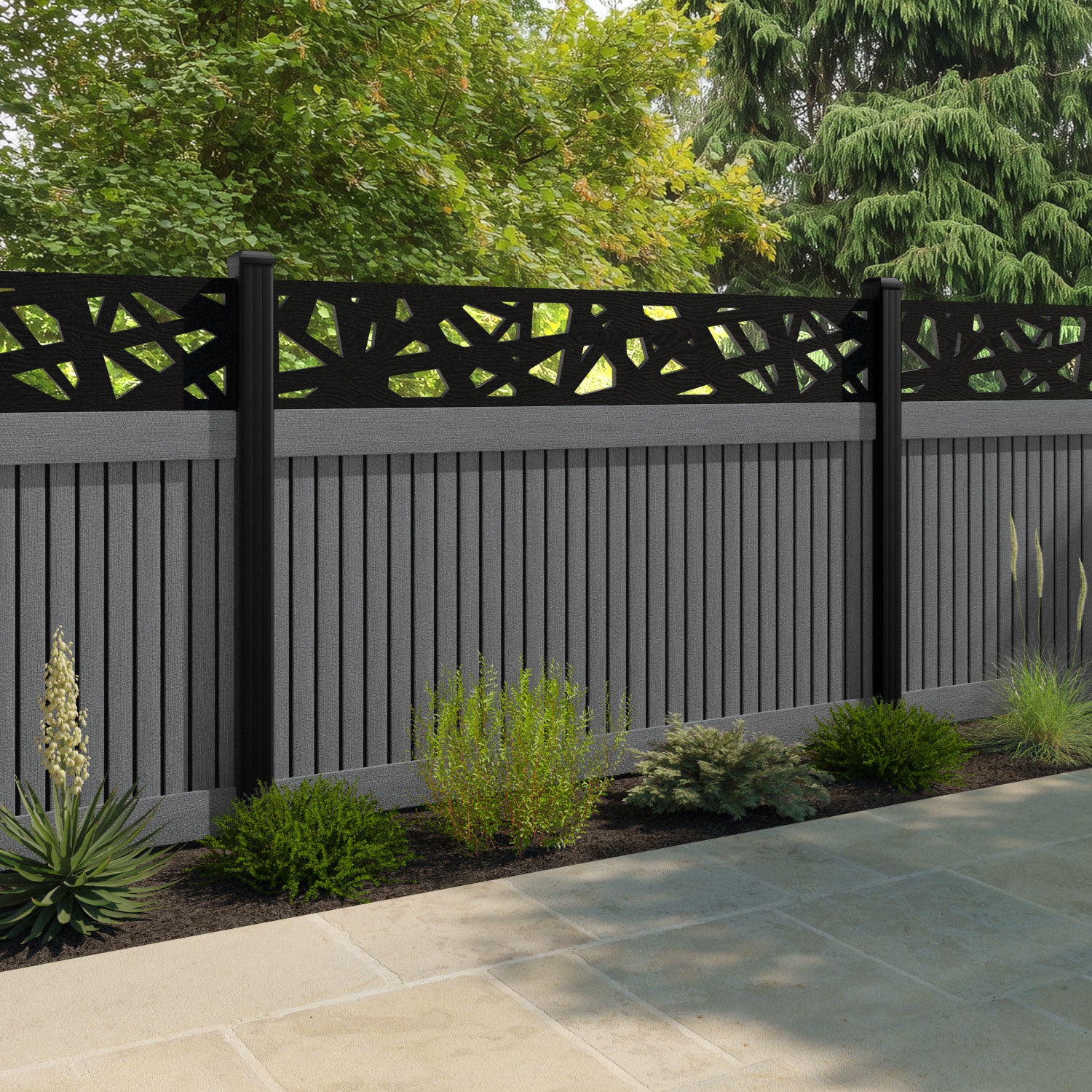 Virtis Prism Fence Panel - Mid Grey - with our aluminium posts