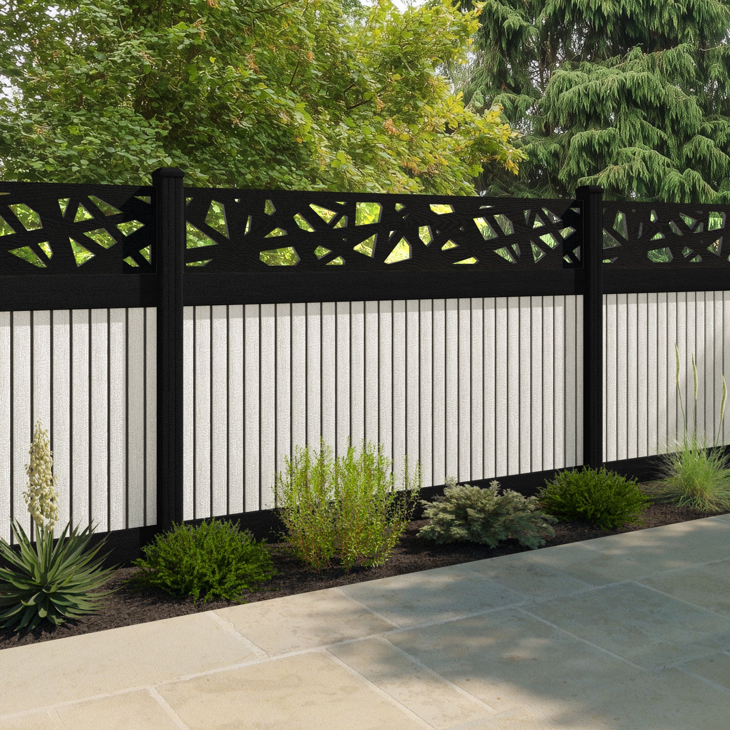 Virtis Prism Fence Panel - Light Stone - with our aluminium posts