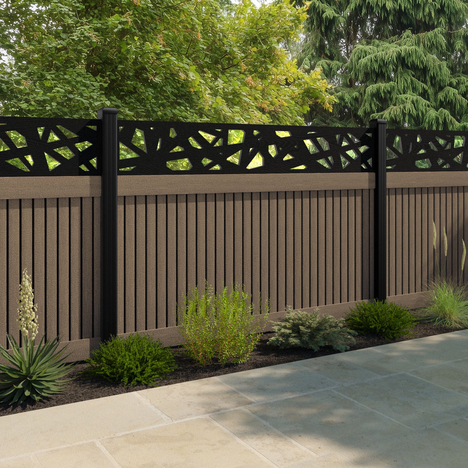 Virtis Prism Fence Panel - Teak - with our aluminium posts