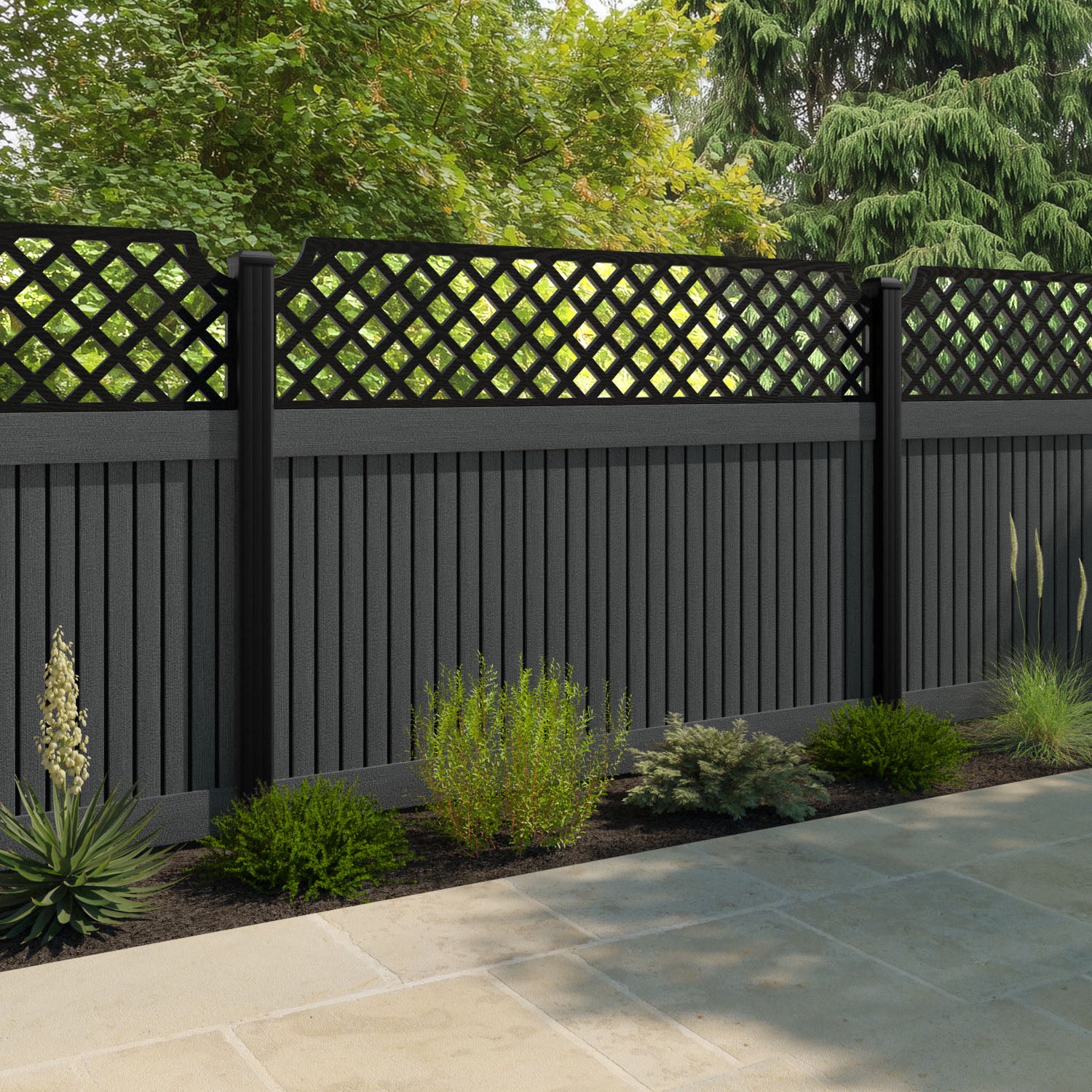 Virtis Regal Hive Fence Panel - Dark Grey - with our aluminium posts