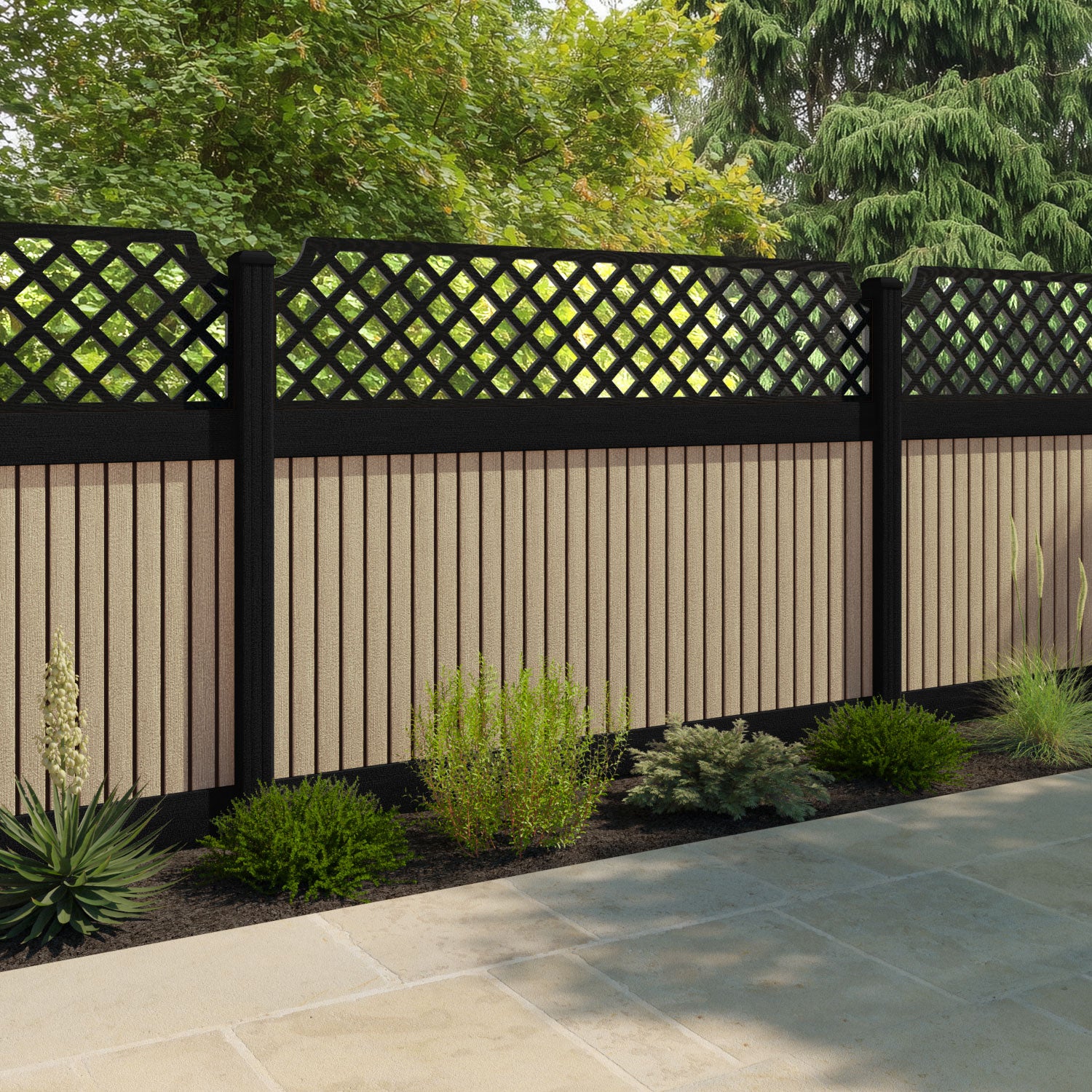 Virtis Regal Hive Fence Panel - Light Oak - with our aluminium posts