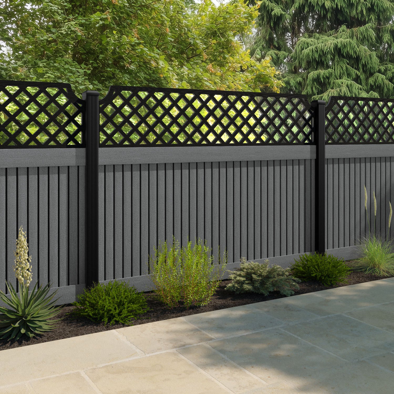 Virtis Regal Hive Fence Panel - Mid Grey - with our aluminium posts