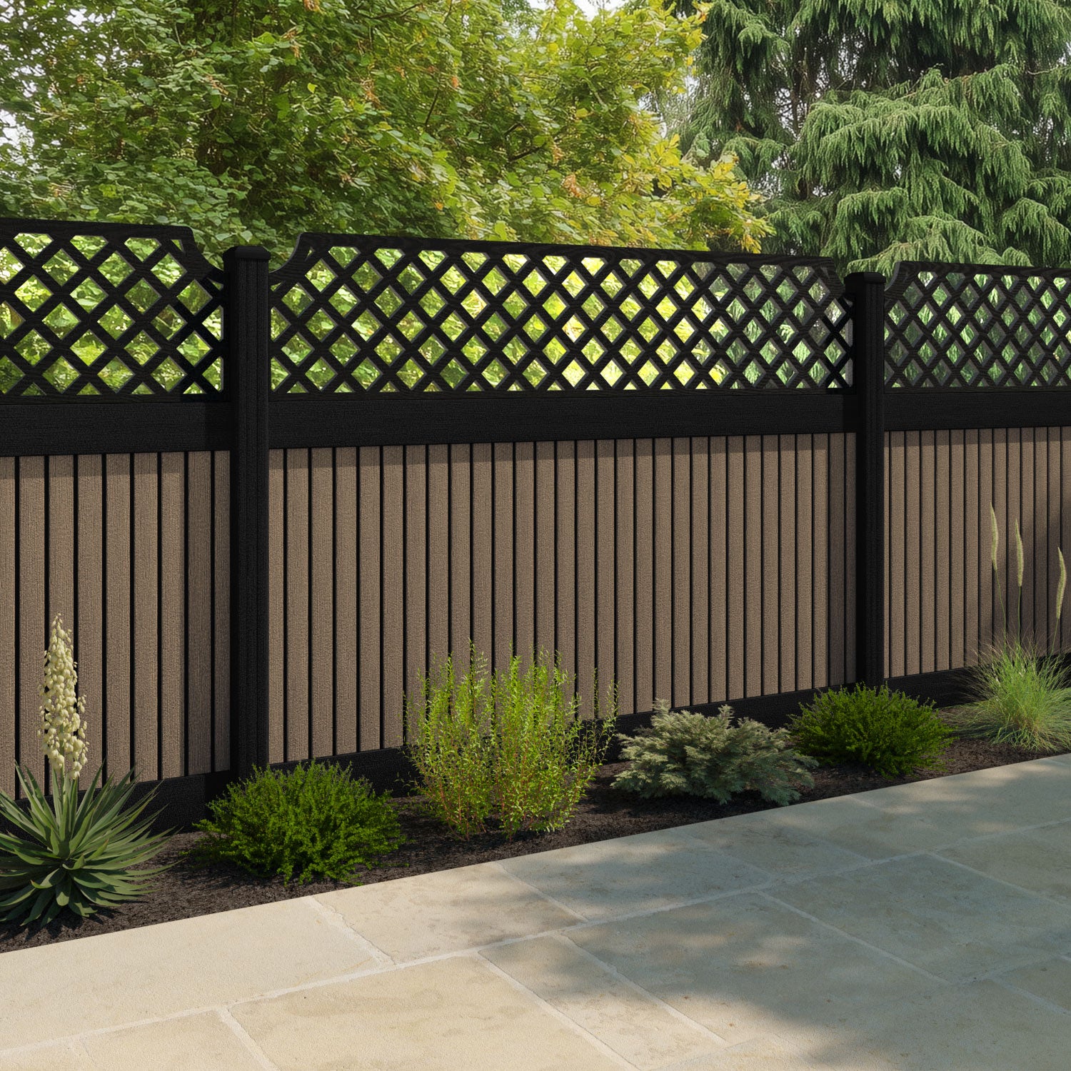 Virtis Regal Hive Fence Panel - Teak - with our aluminium posts