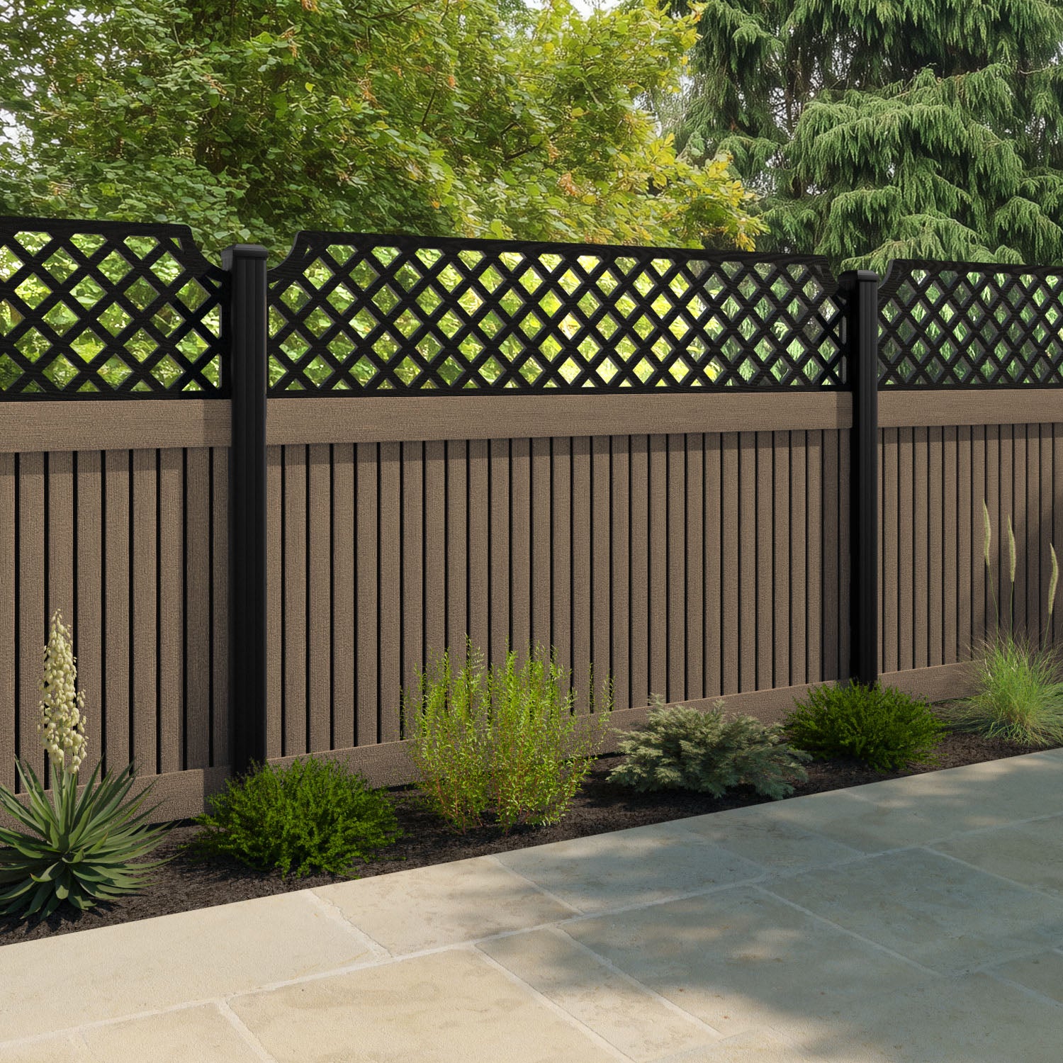 Virtis Regal Hive Fence Panel - Teak - with our aluminium posts