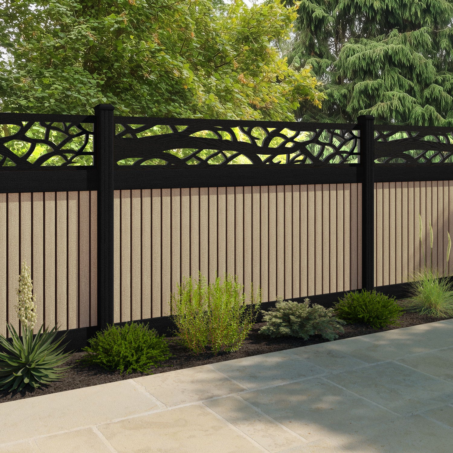 Virtis Twilight Fence Panel - Light Oak - with our aluminium posts