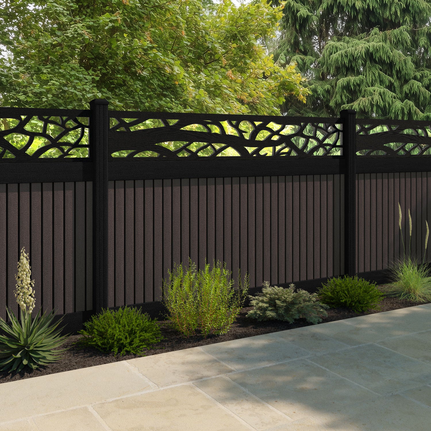 Virtis Twilight Fence Panel - Mid Brown - with our aluminium posts
