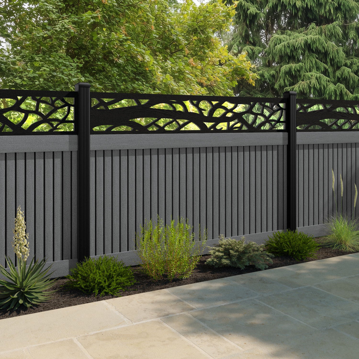 Virtis Twilight Fence Panel - Mid Grey - with our aluminium posts