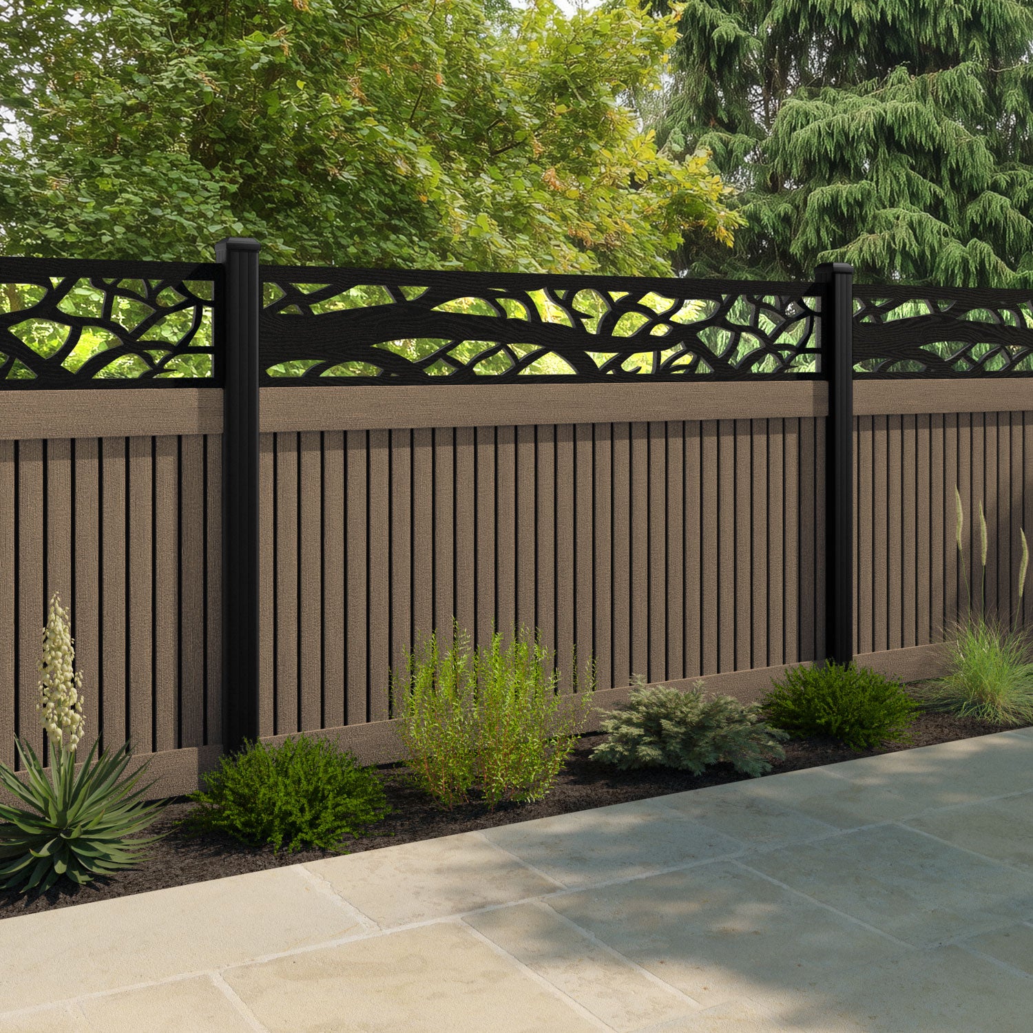 Virtis Twilight Fence Panel - Teak - with our aluminium posts