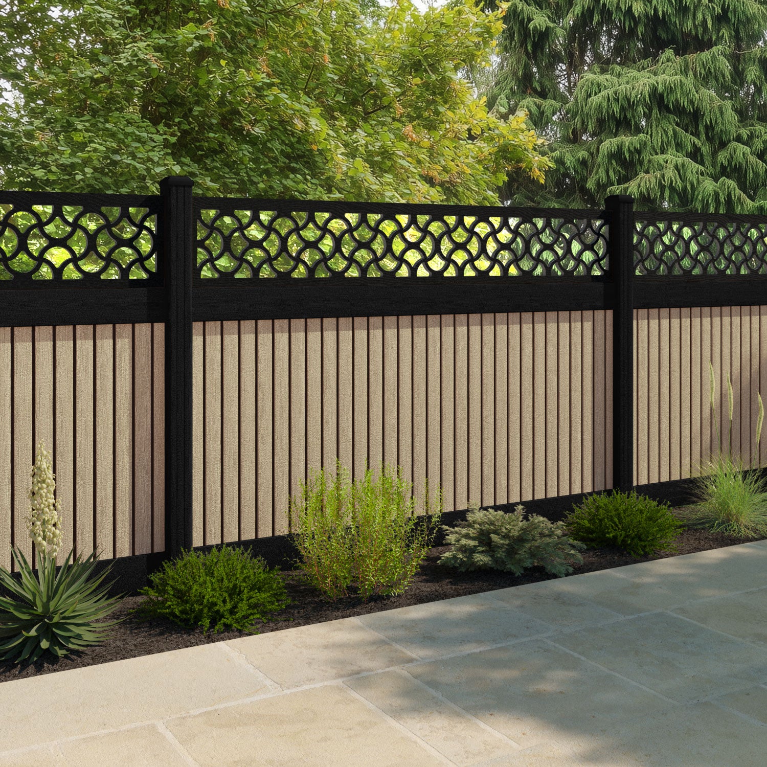 Virtis Vida Fence Panel - Light Oak - with our aluminium posts