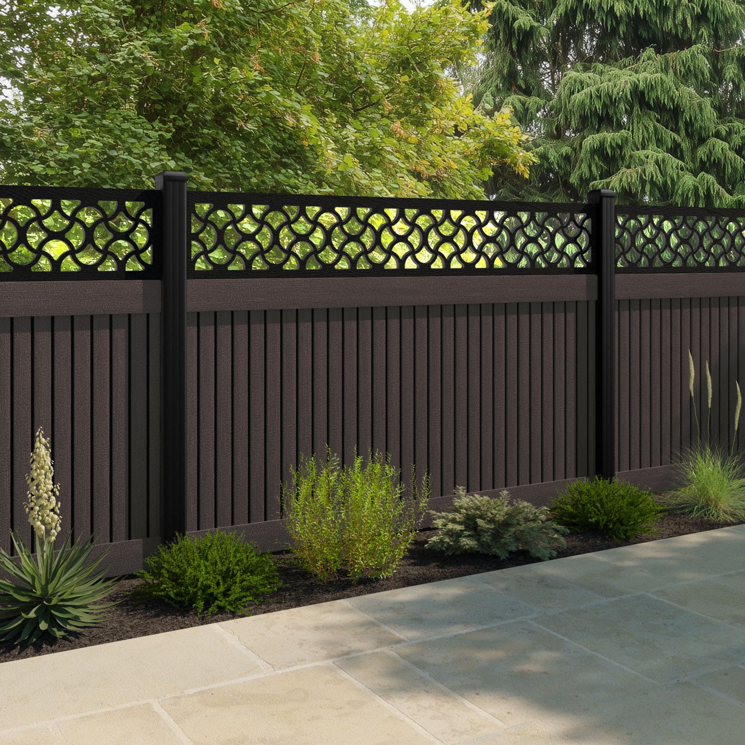 Virtis Vida Fence Panel - Mid Brown - with our aluminium posts