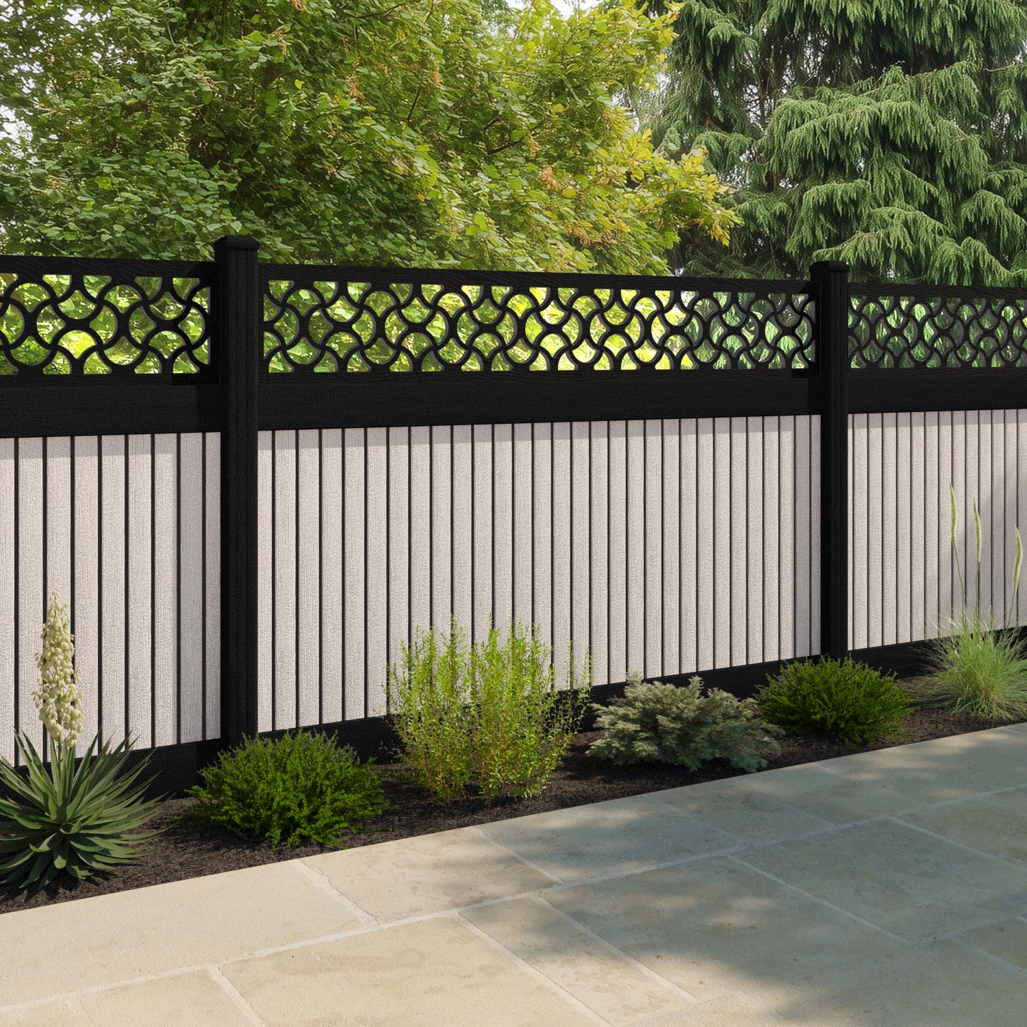 Virtis Vida Fence Panel - Mid Stone - with our aluminium posts
