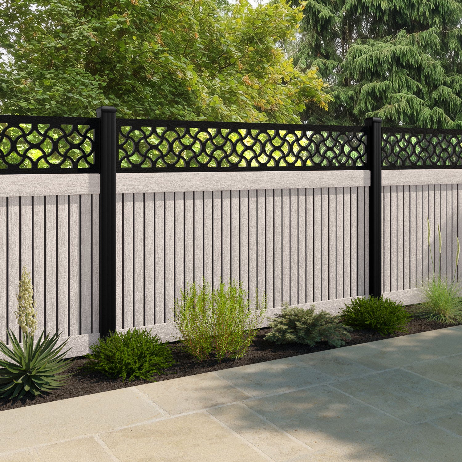 Virtis Vida Fence Panel - Mid Stone - with our aluminium posts
