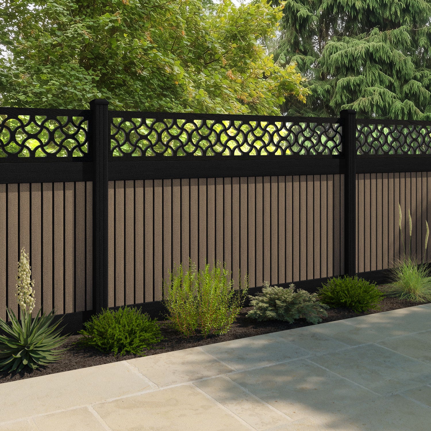 Virtis Vida Fence Panel - Teak - with our aluminium posts