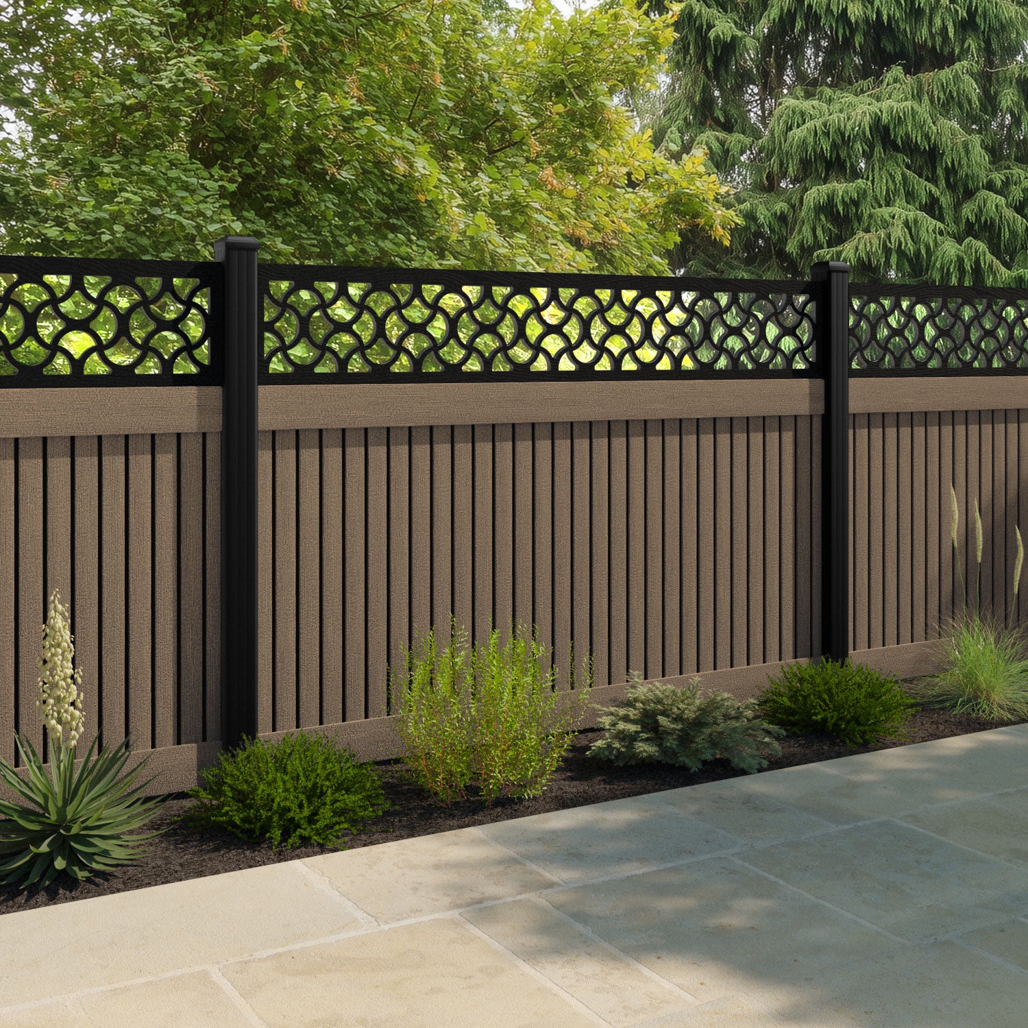 Virtis Vida Fence Panel - Teak - with our aluminium posts