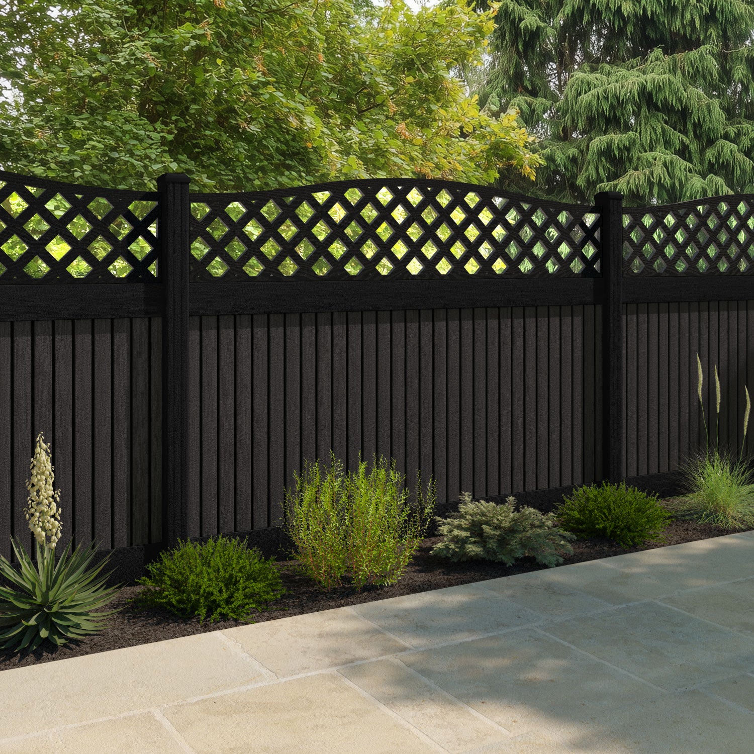 Virtis High Wave Fence Panel - Dark Oak - with our composite posts