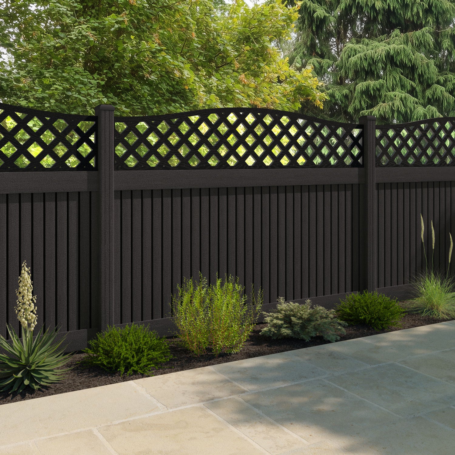 Virtis High Wave Fence Panel - Dark Oak - with our composite posts