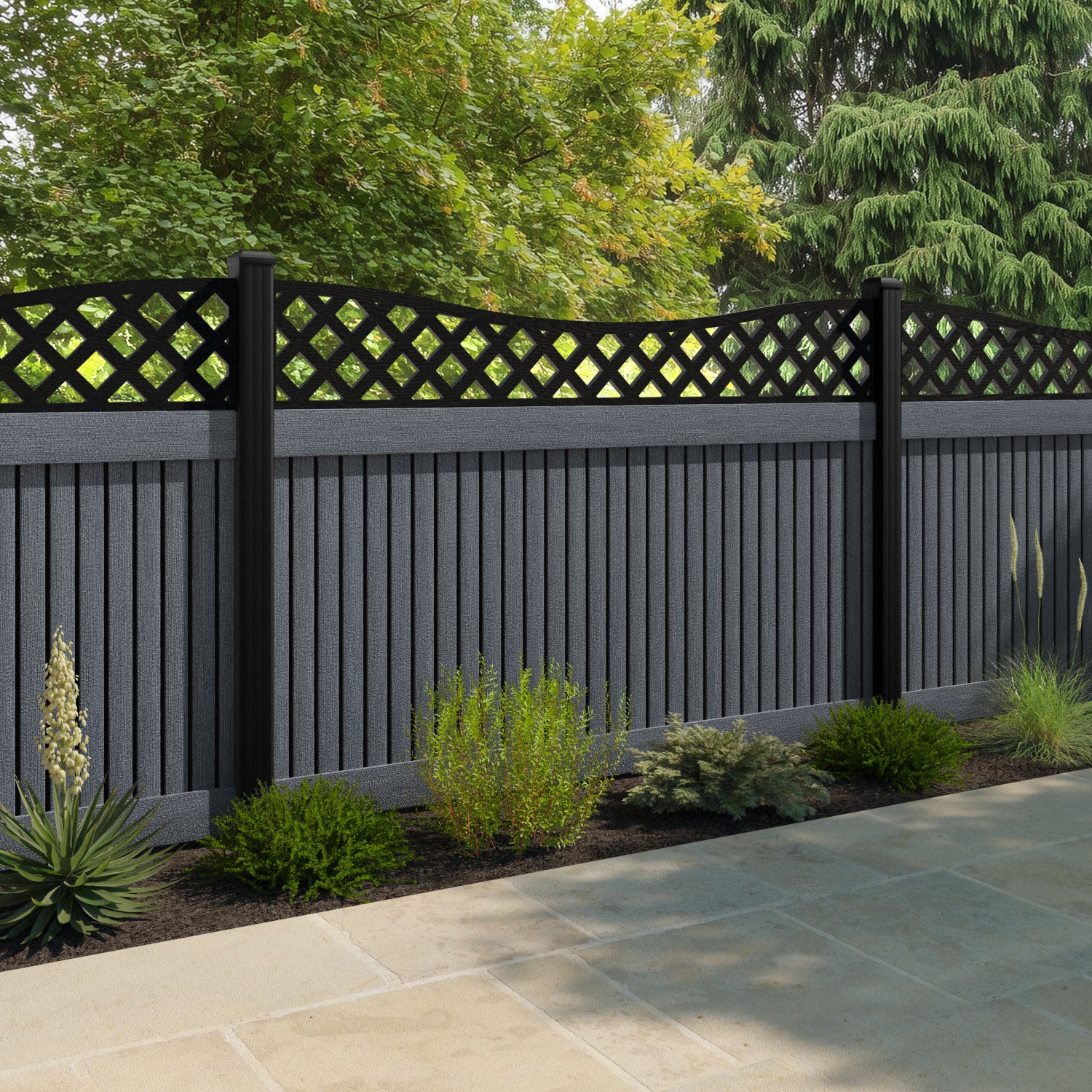 Virtis Low Wave Fence Panel - Anthracite - with our aluminium posts