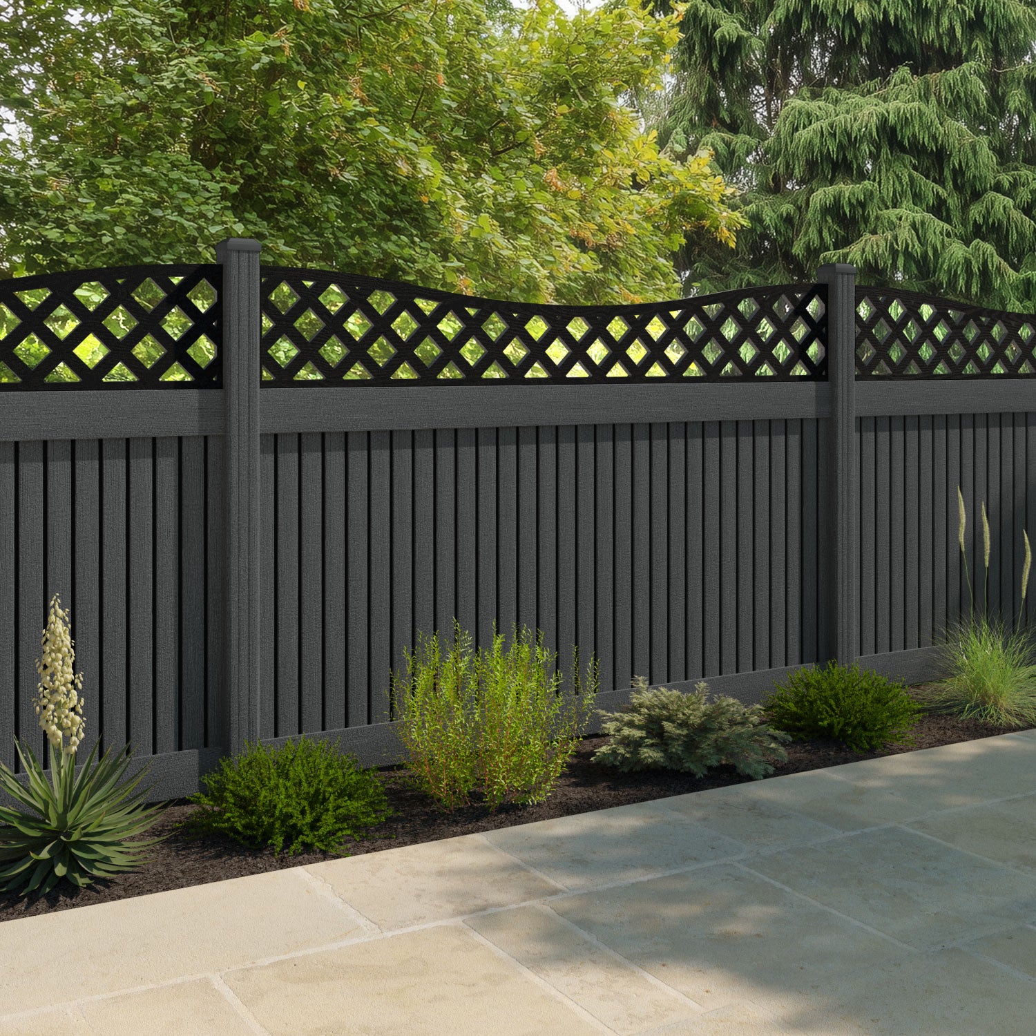 Virtis Low Wave Fence Panel - Dark Grey - with our composite posts
