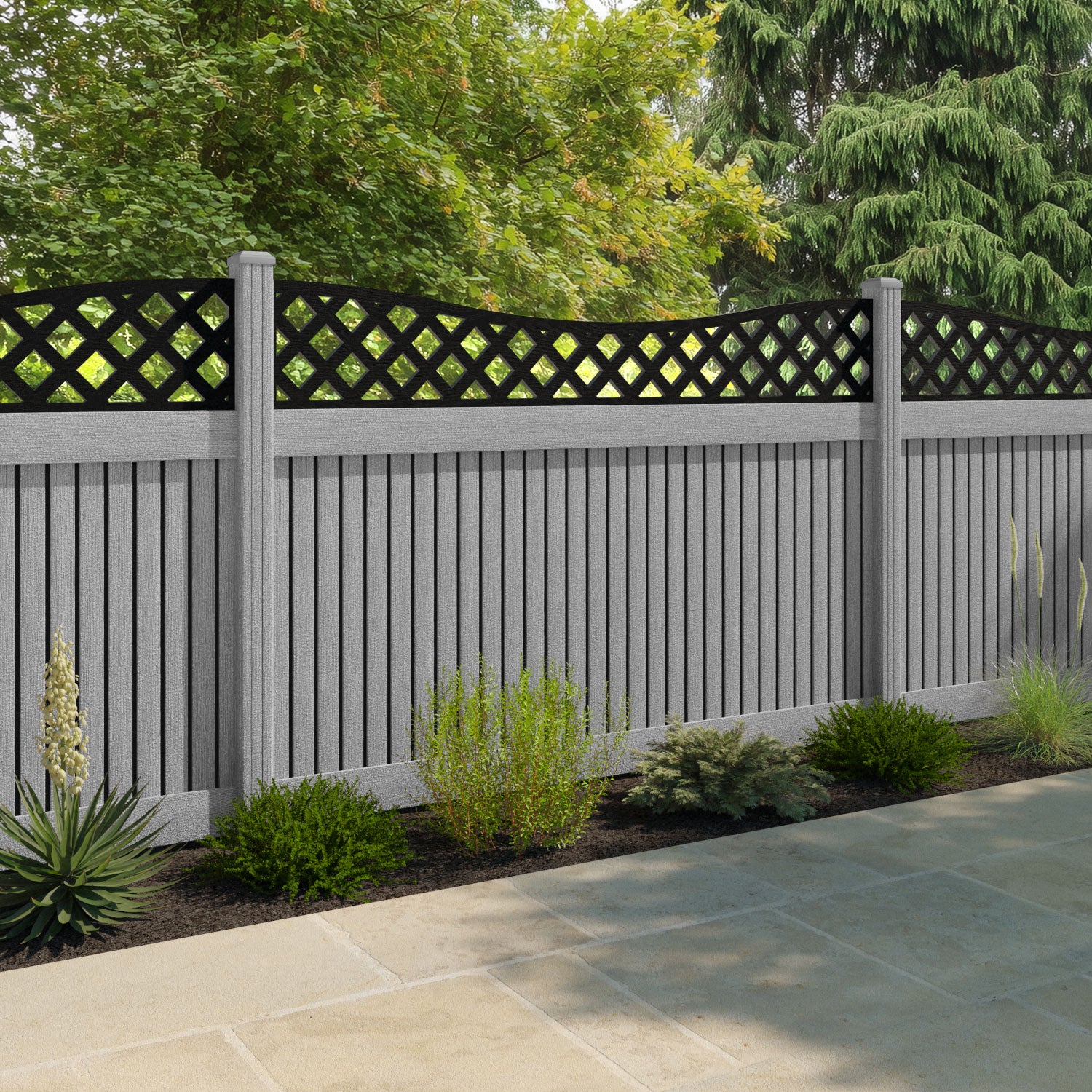 Virtis Low Wave Fence Panel - Light Grey - with our composite posts