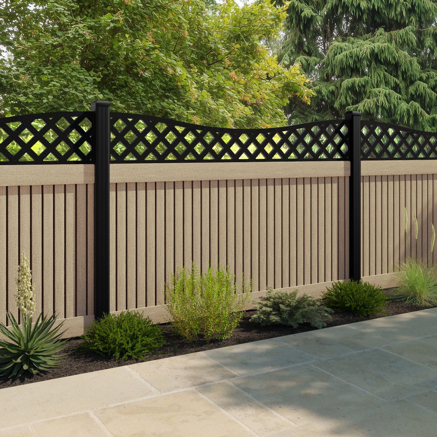 Virtis Low Wave Fence Panel - Light Oak - with our composite posts