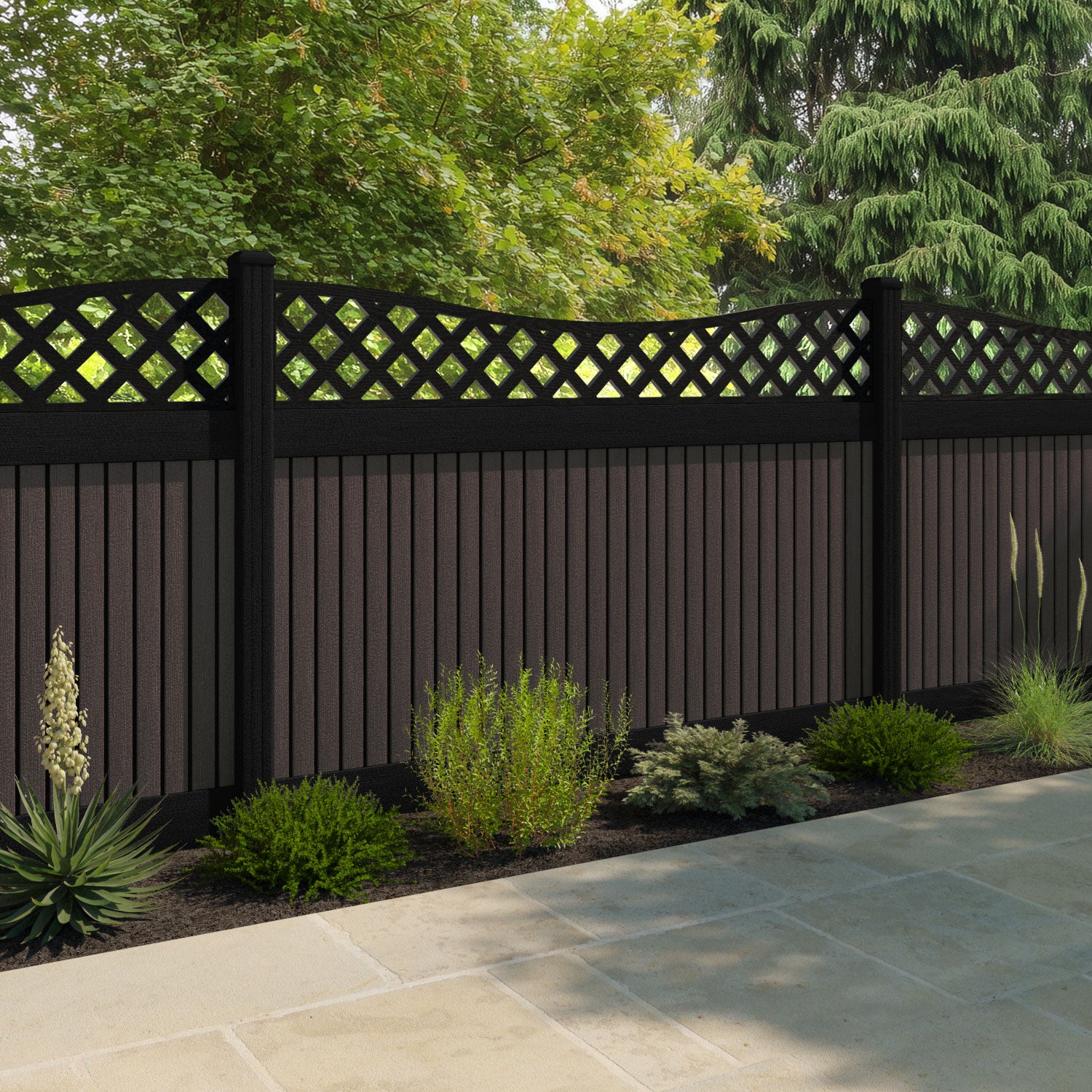 Virtis Low Wave Fence Panel - Mid Brown - with our aluminium posts