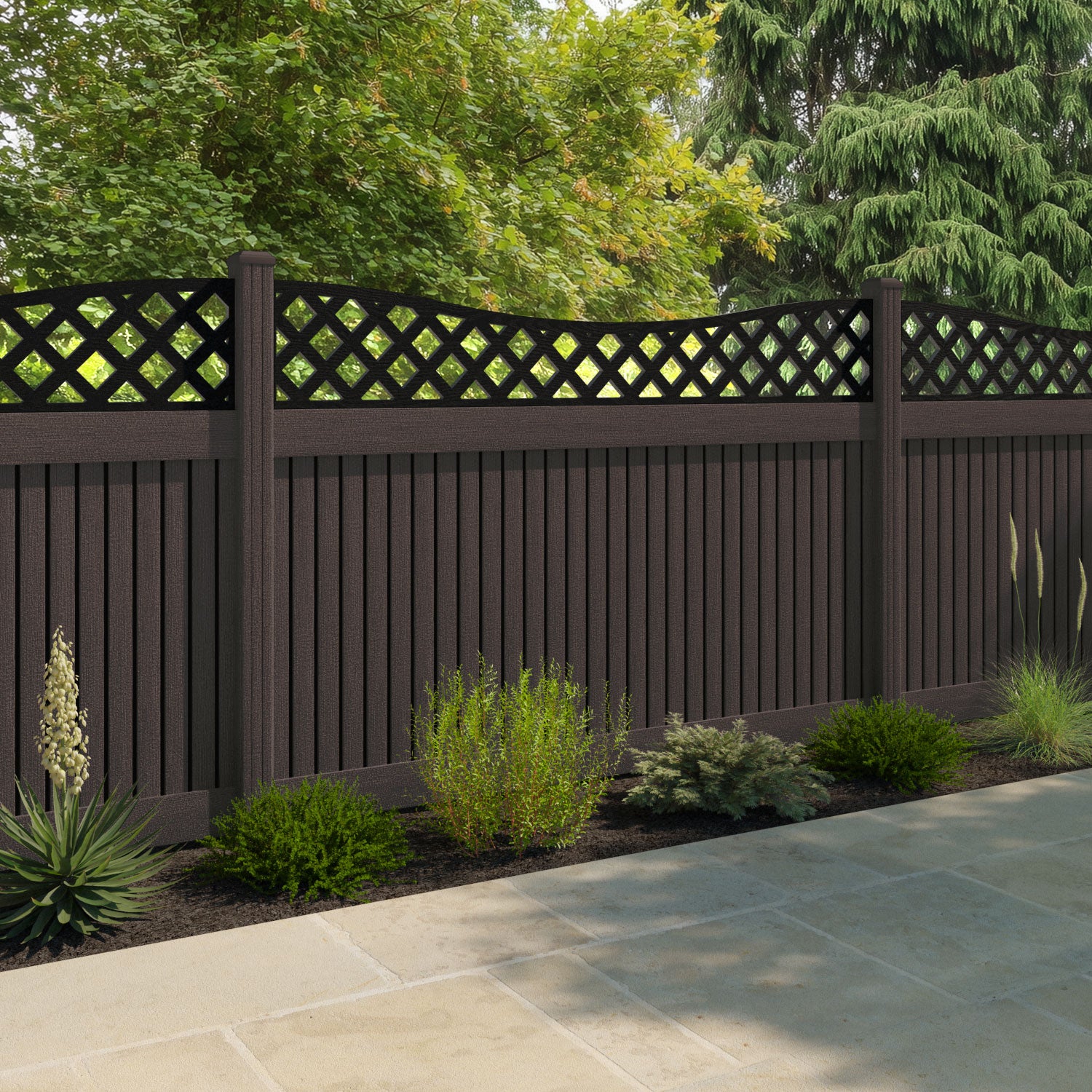 Virtis Low Wave Fence Panel - Mid Brown - with our composite posts