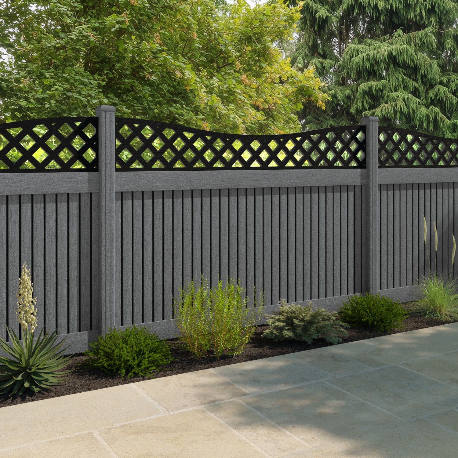 Virtis Low Wave Fence Panel - Mid Grey - with our composite posts