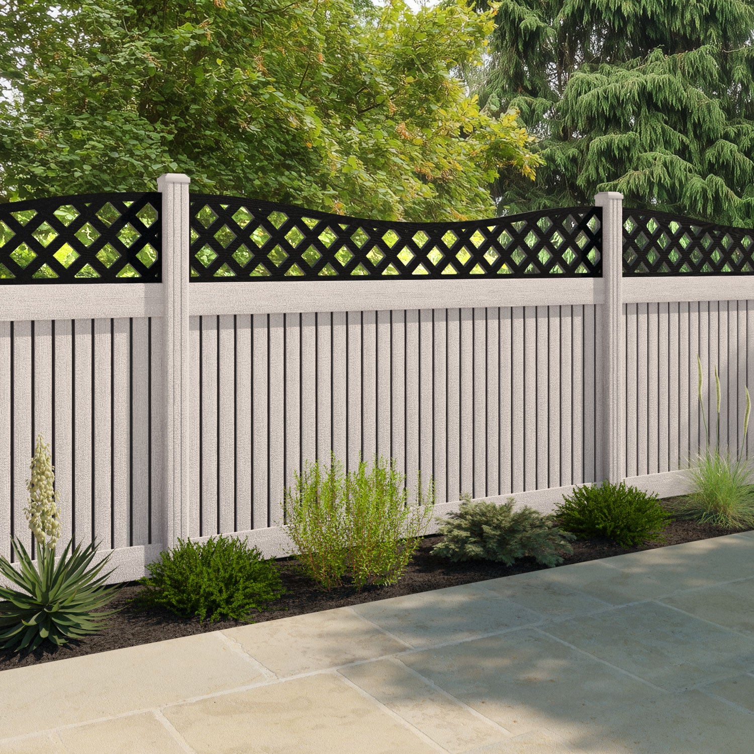 Virtis Low Wave Fence Panel - Mid Stone - with our composite posts