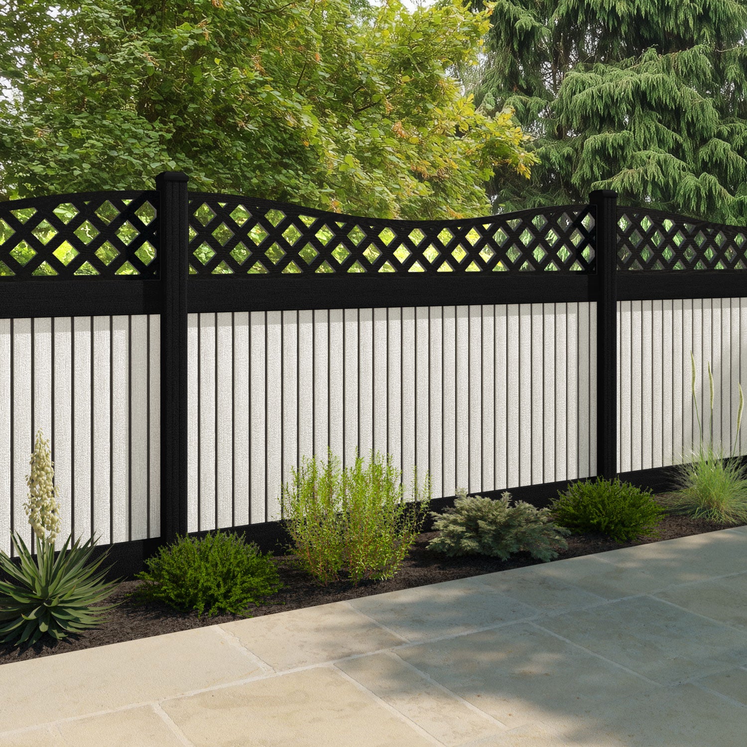 Virtis Low Wave Fence Panel - Light Stone - with our aluminium posts