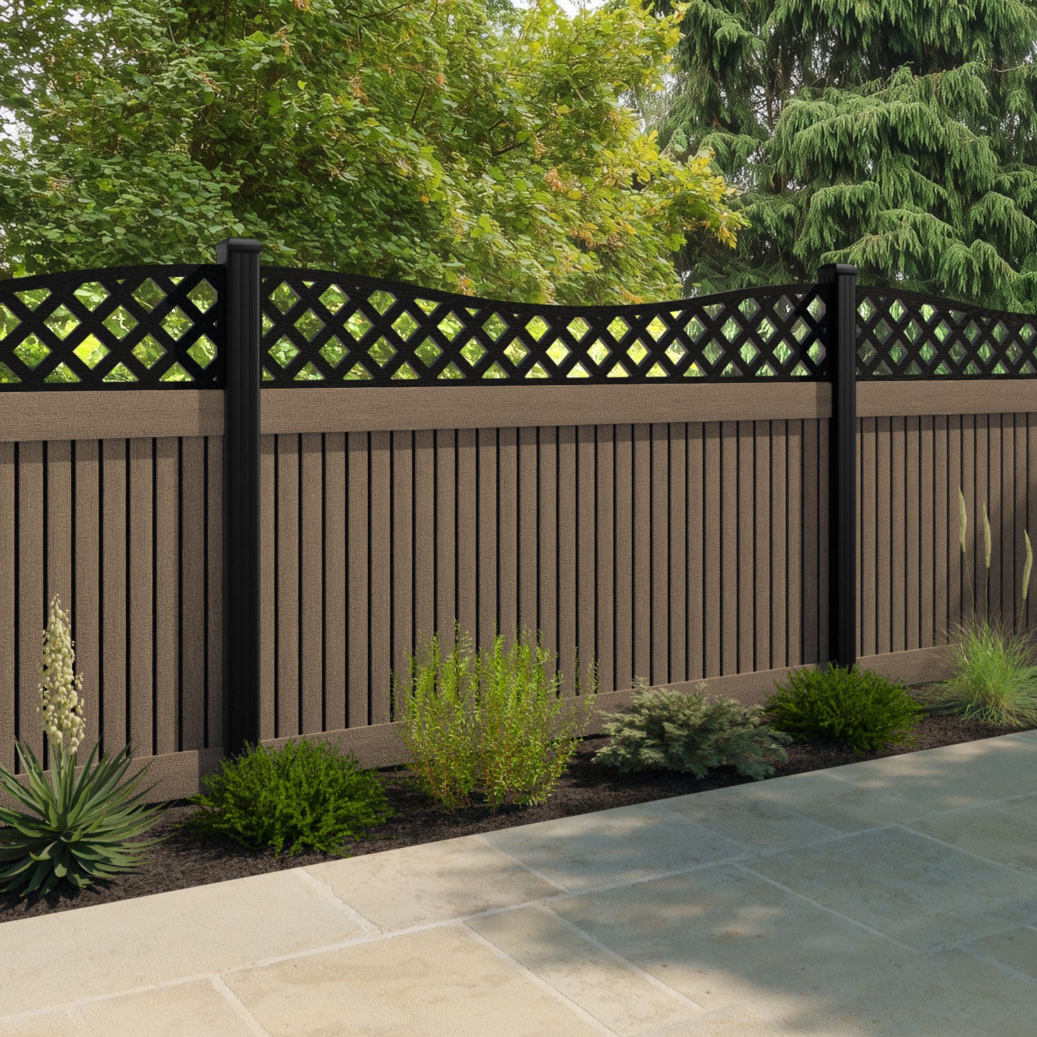 Virtis Low Wave Fence Panel - Teak - with our aluminium posts