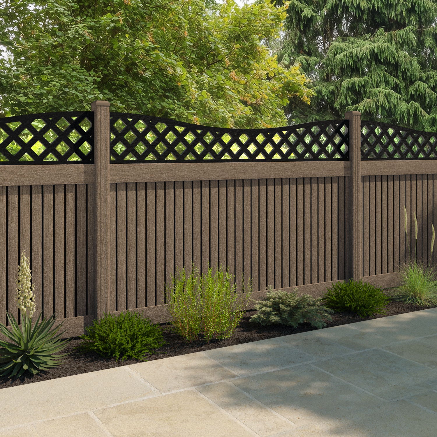 Virtis Low Wave Fence Panel - Teak - with our composite posts