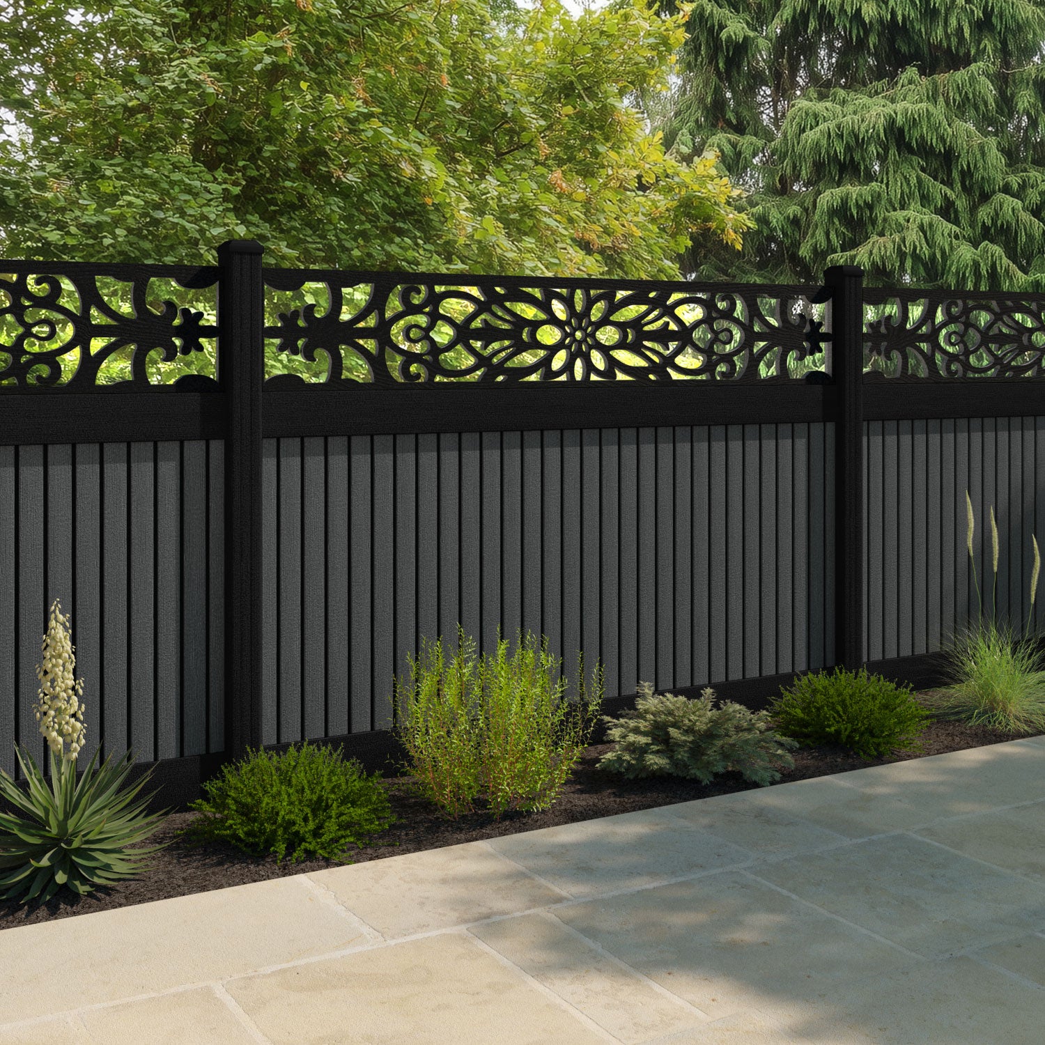 Virtis Windsor Fence Panel - Dark Grey - with our aluminium posts