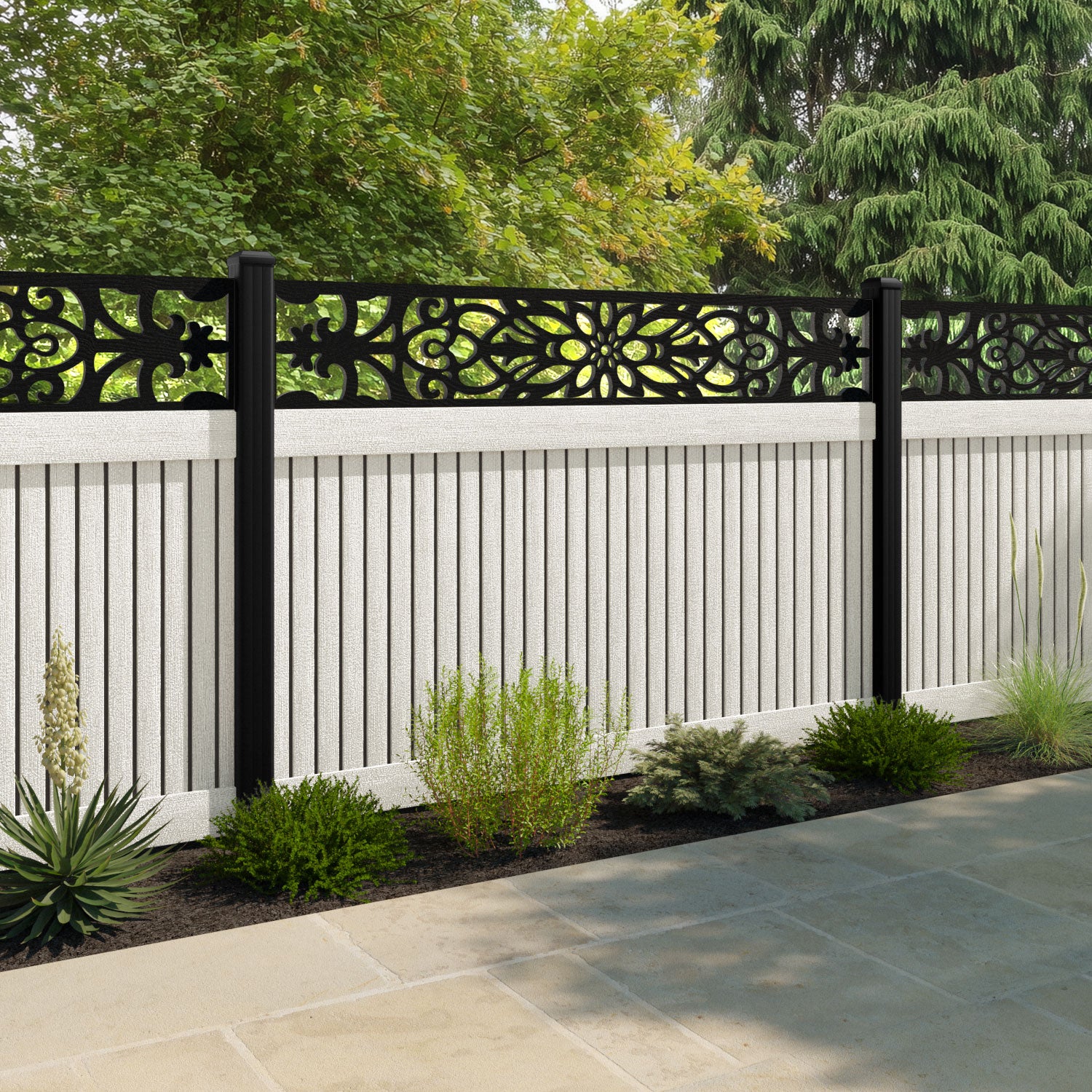 Virtis Windsor Fence Panel - Light Stone - with our aluminium posts
