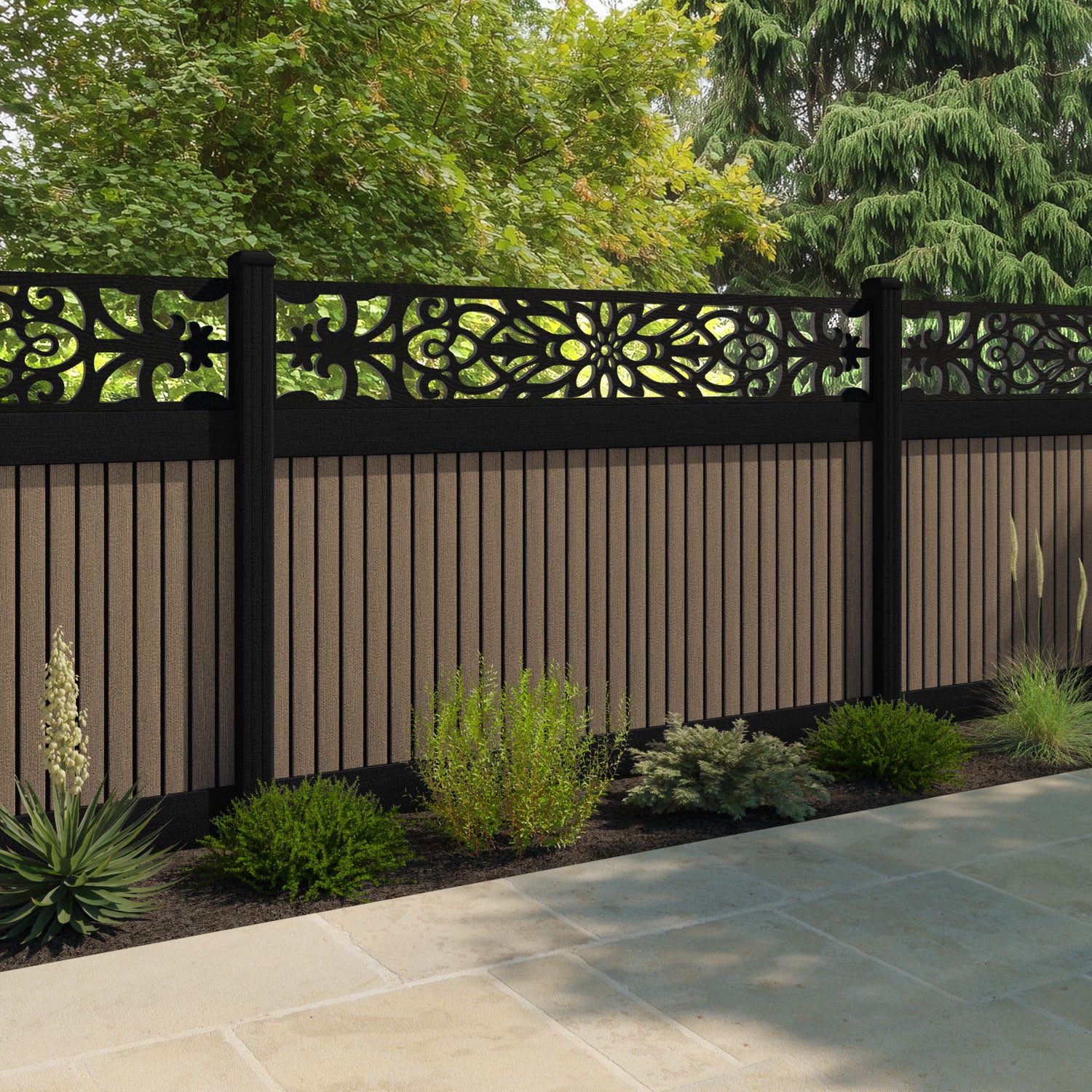Virtis Windsor Fence Panel - Teak - with our aluminium posts