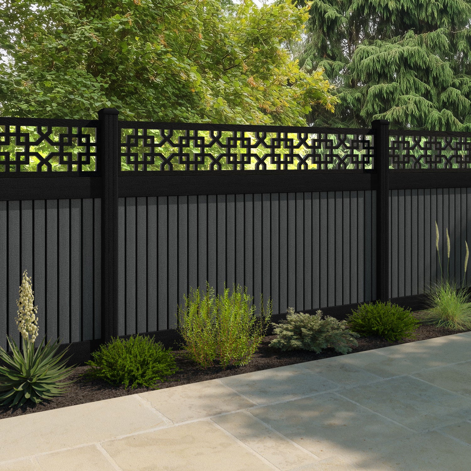 Virtis Zaria Fence Panel - Dark Grey - with our aluminium posts