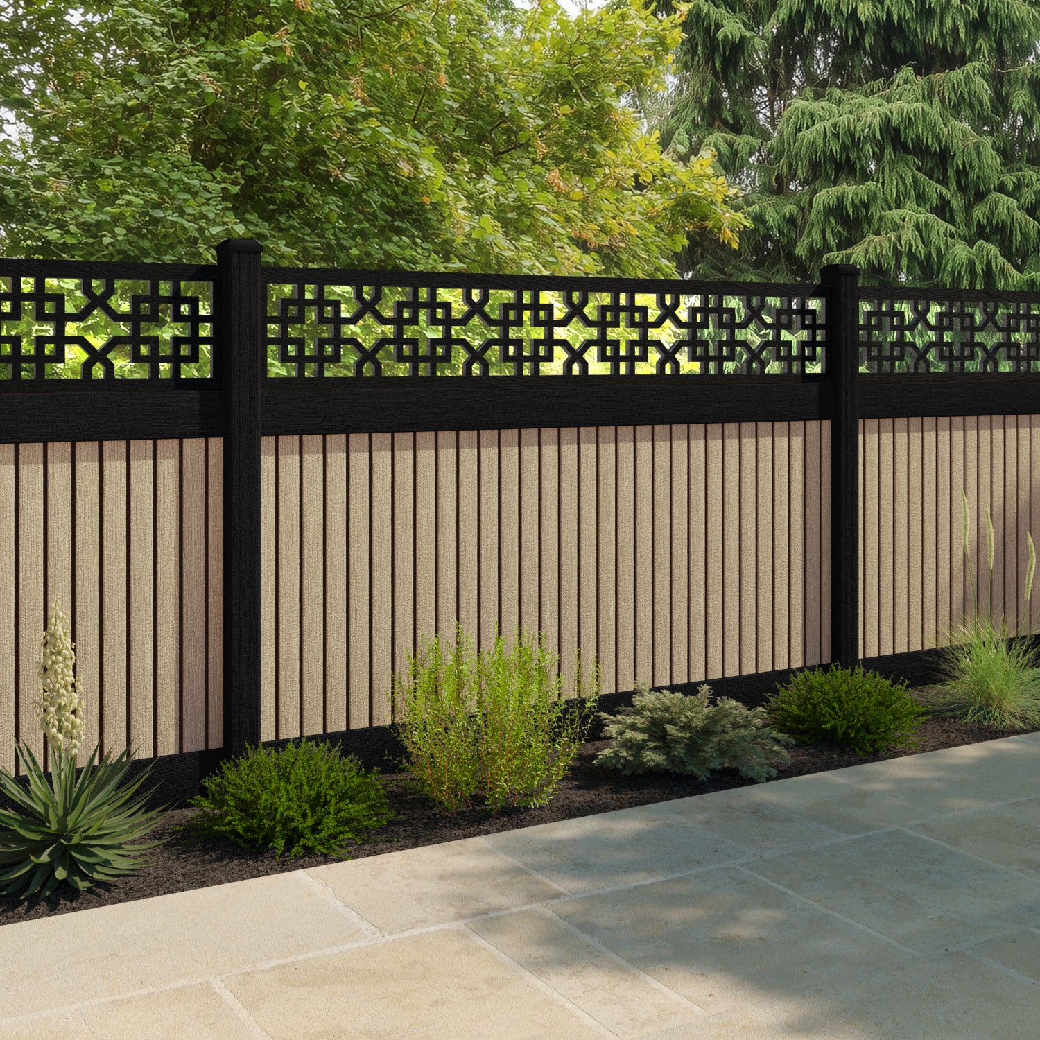 Virtis Zaria Fence Panel - Light Oak - with our aluminium posts