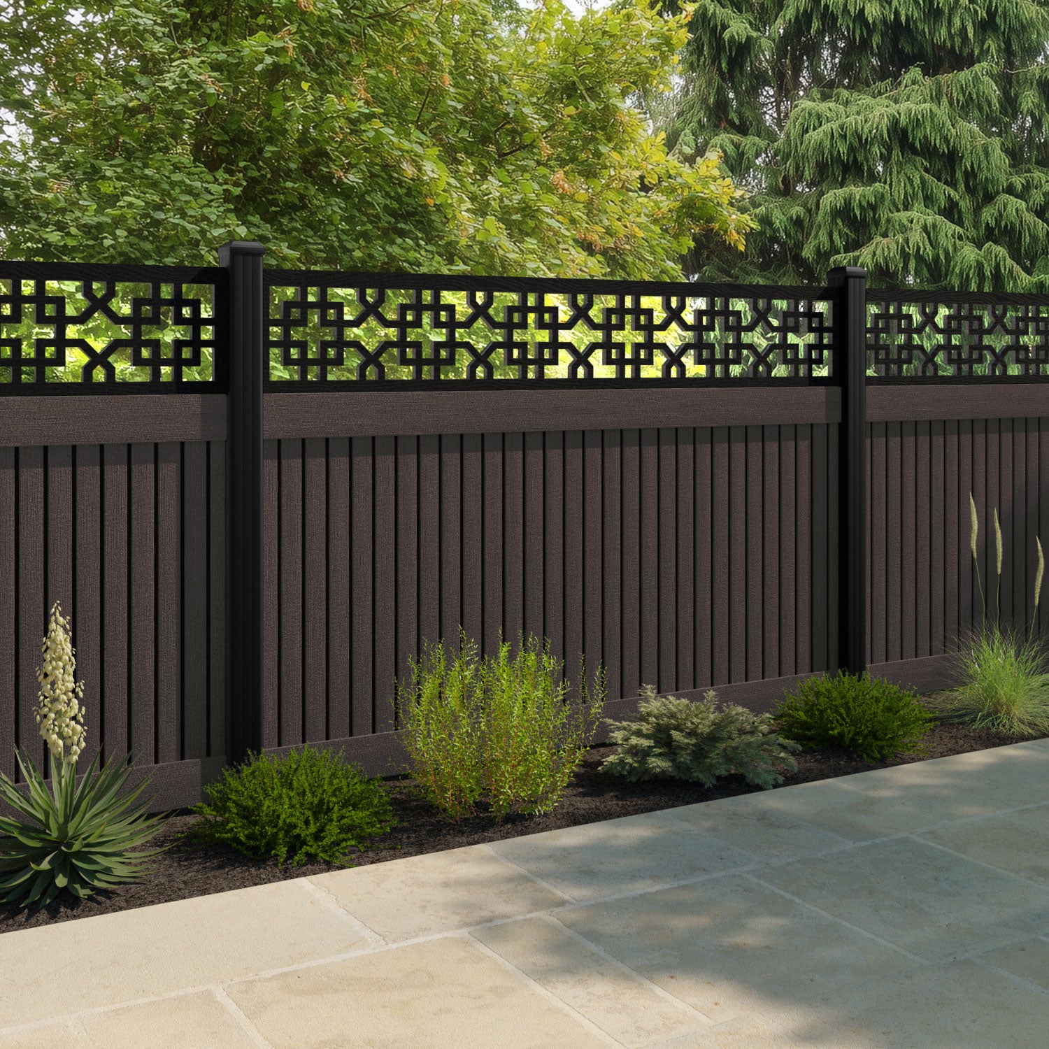 Virtis Zaria Fence Panel - Mid Brown - with our aluminium posts
