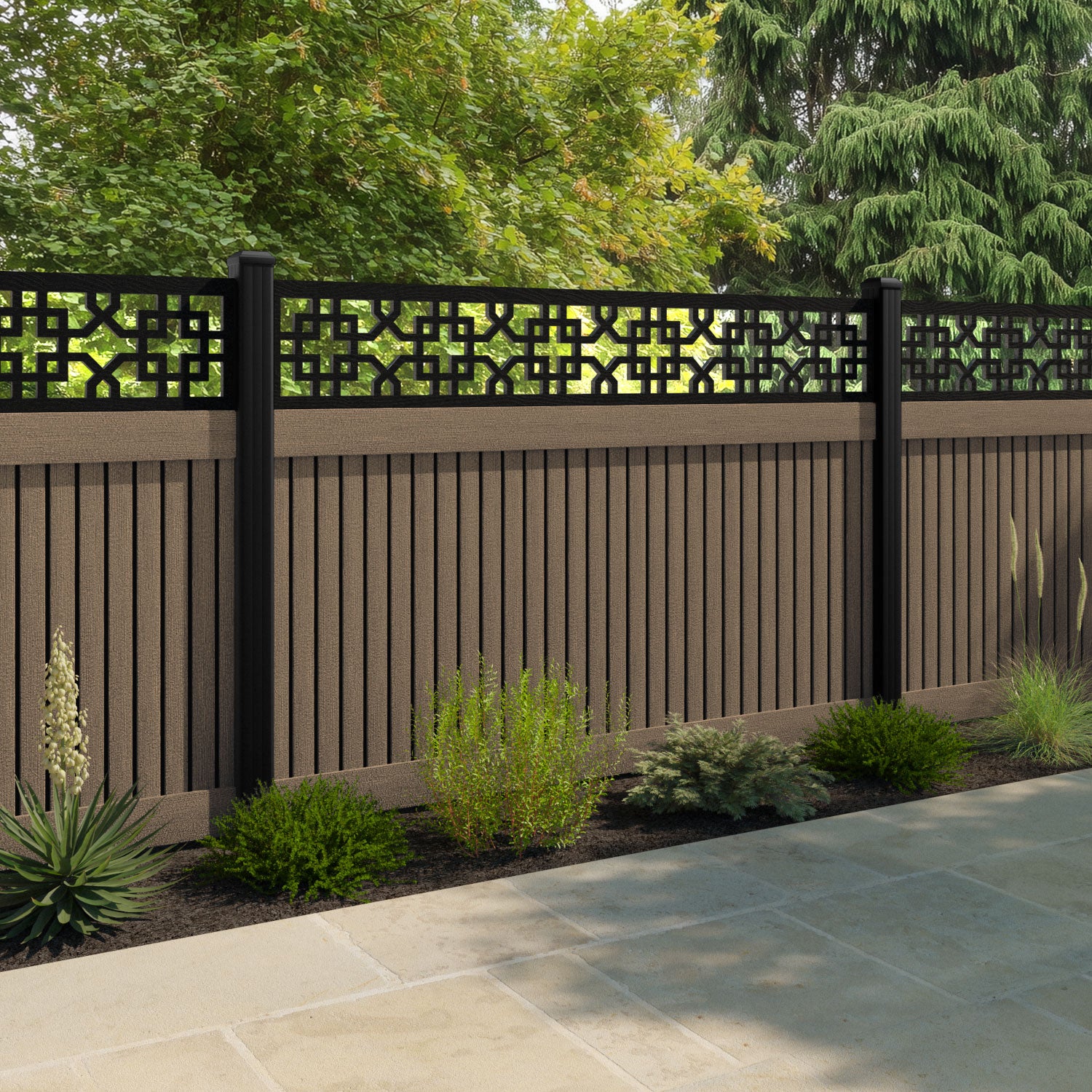 Virtis Zaria Fence Panel - Teak - with our aluminium posts