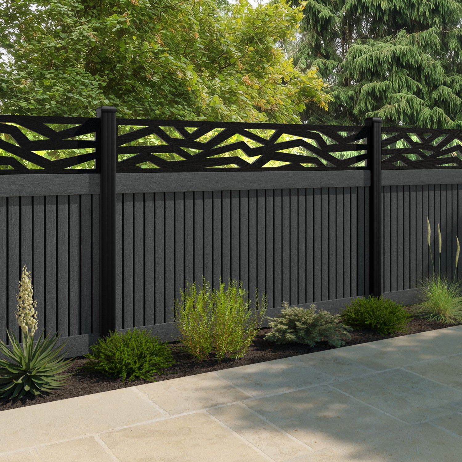 Virtis Zenith Fence Panel - Dark Grey - with our aluminium posts