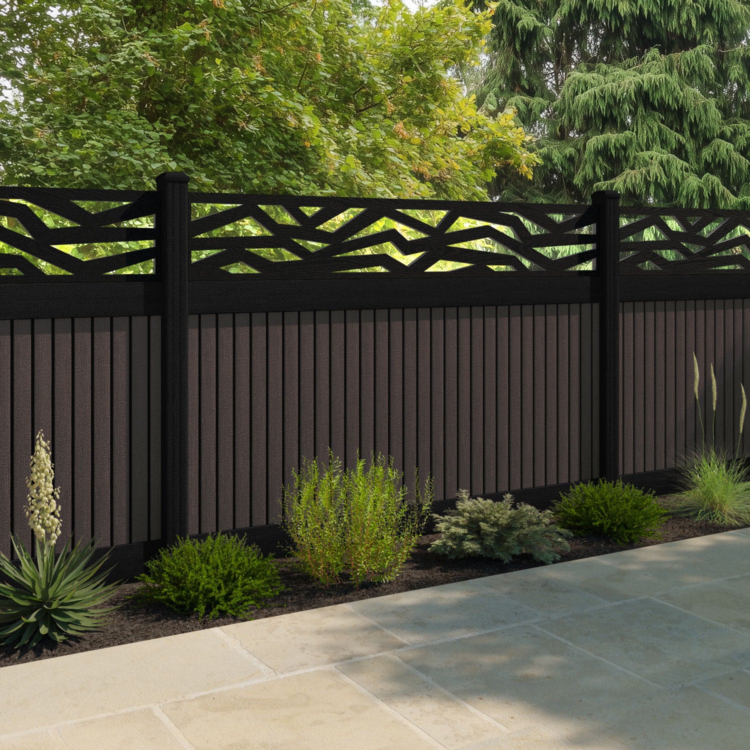 Virtis Zenith Fence Panel - Mid Brown - with our aluminium posts