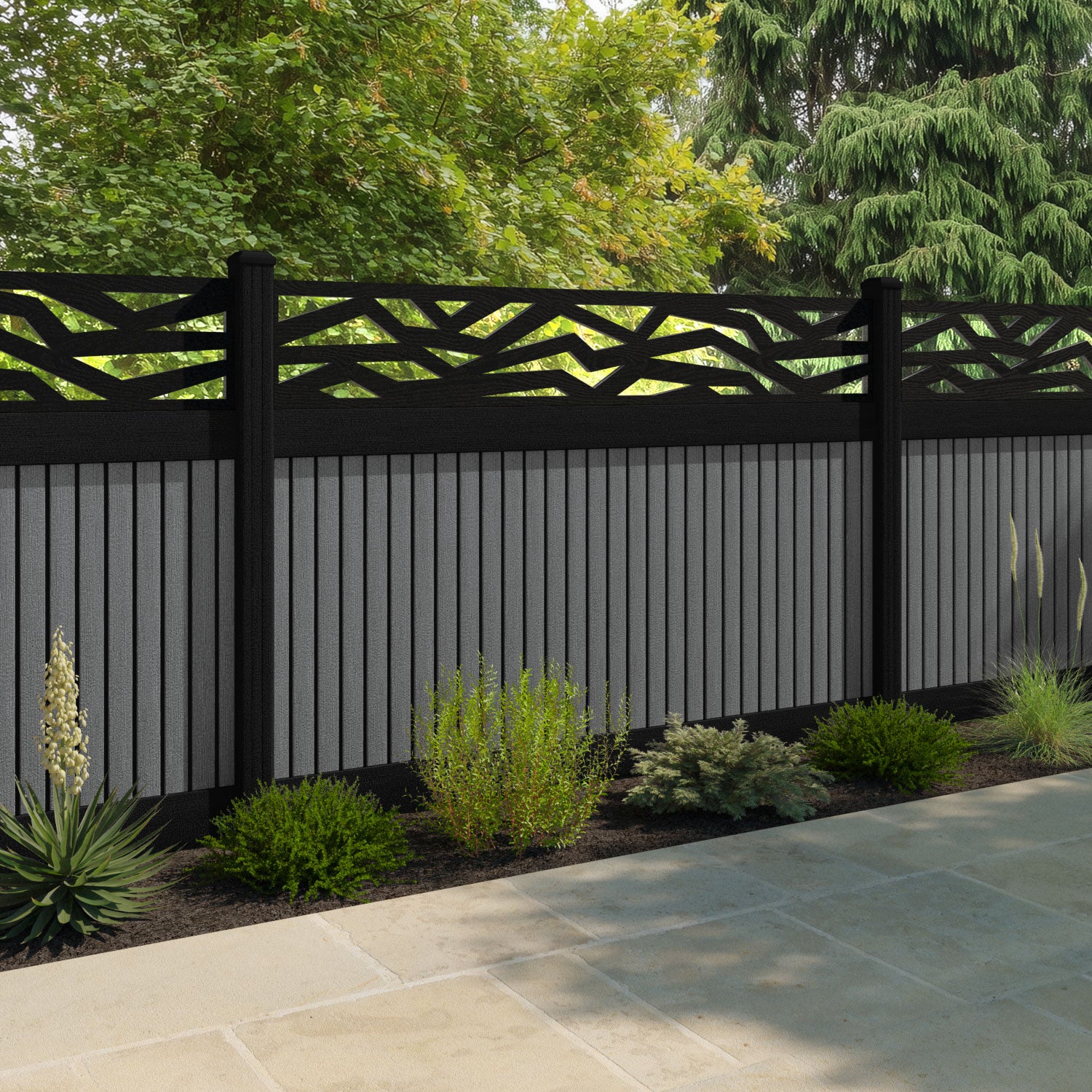 Virtis Zenith Fence Panel - Mid Grey - with our aluminium posts