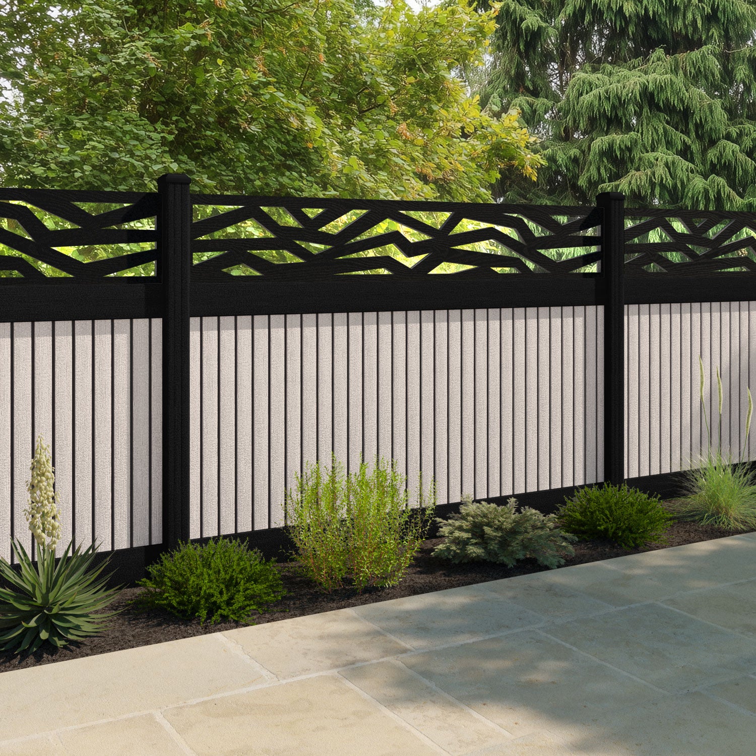 Virtis Zenith Fence Panel - Mid Stone - with our aluminium posts