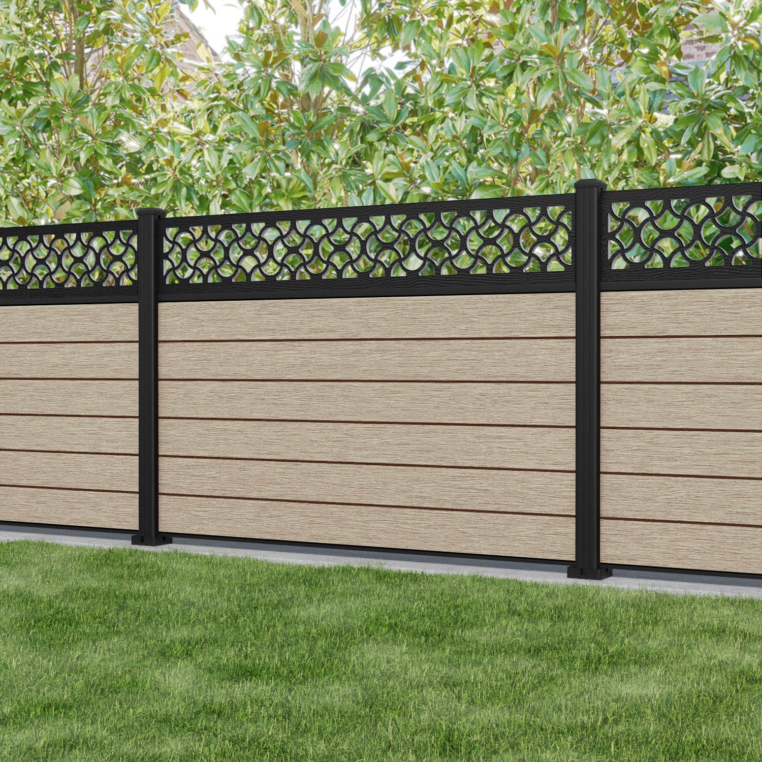 Fusion Vida Fence Panel - Light Oak - with our aluminium posts