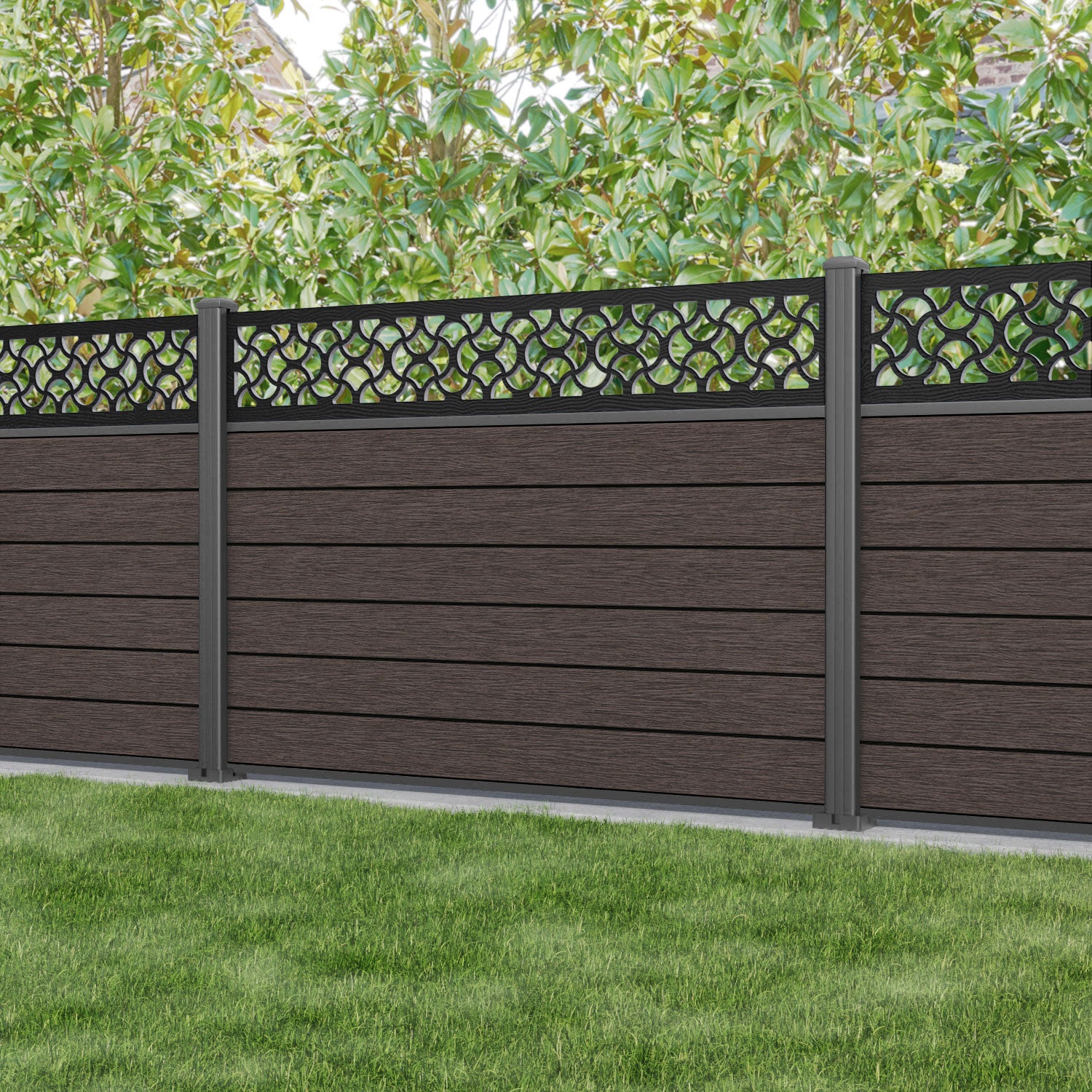 Fusion Vida Fence Panel - Mid Brown - with our aluminium posts
