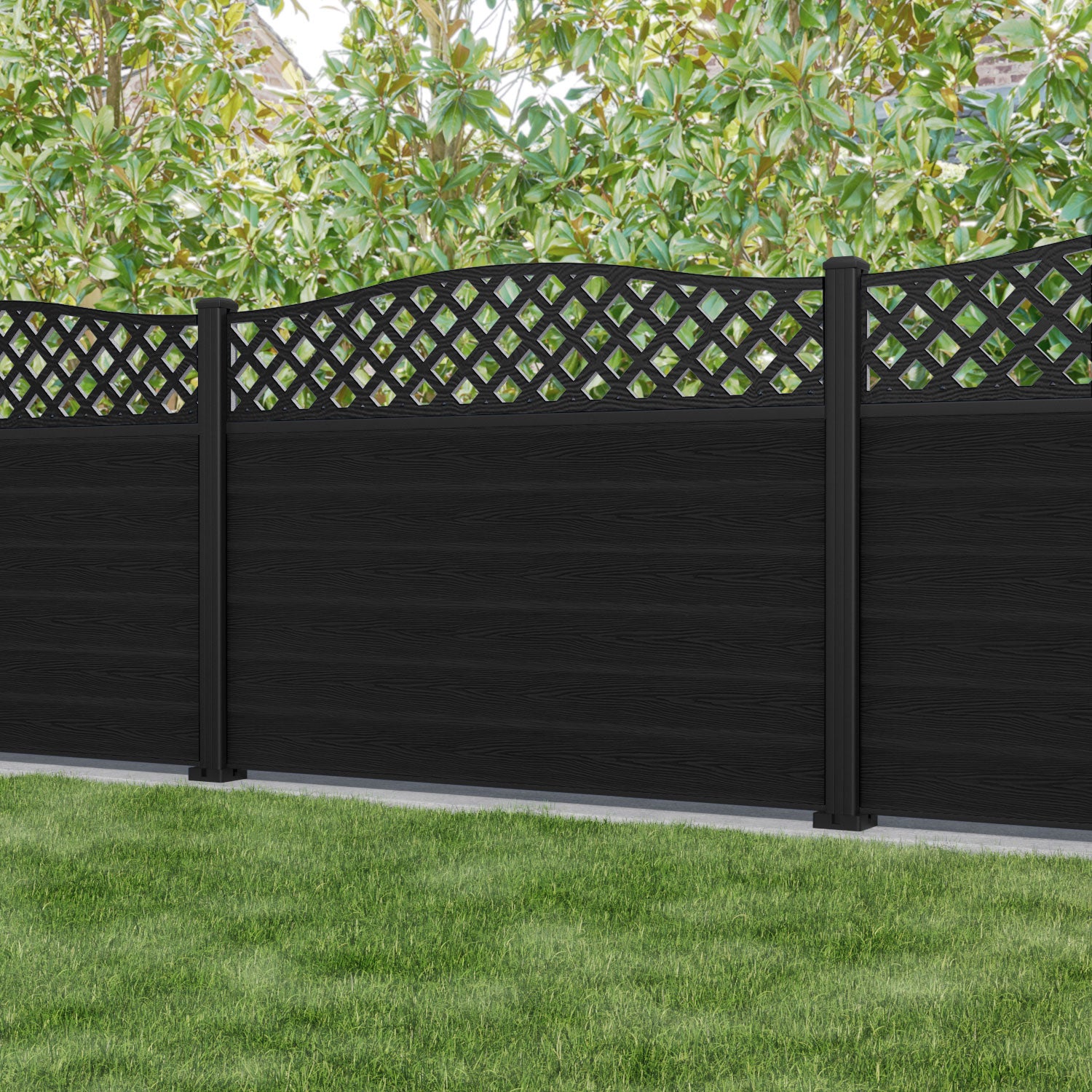 Classic High Wave Fence Panel - Black - with our aluminium posts
