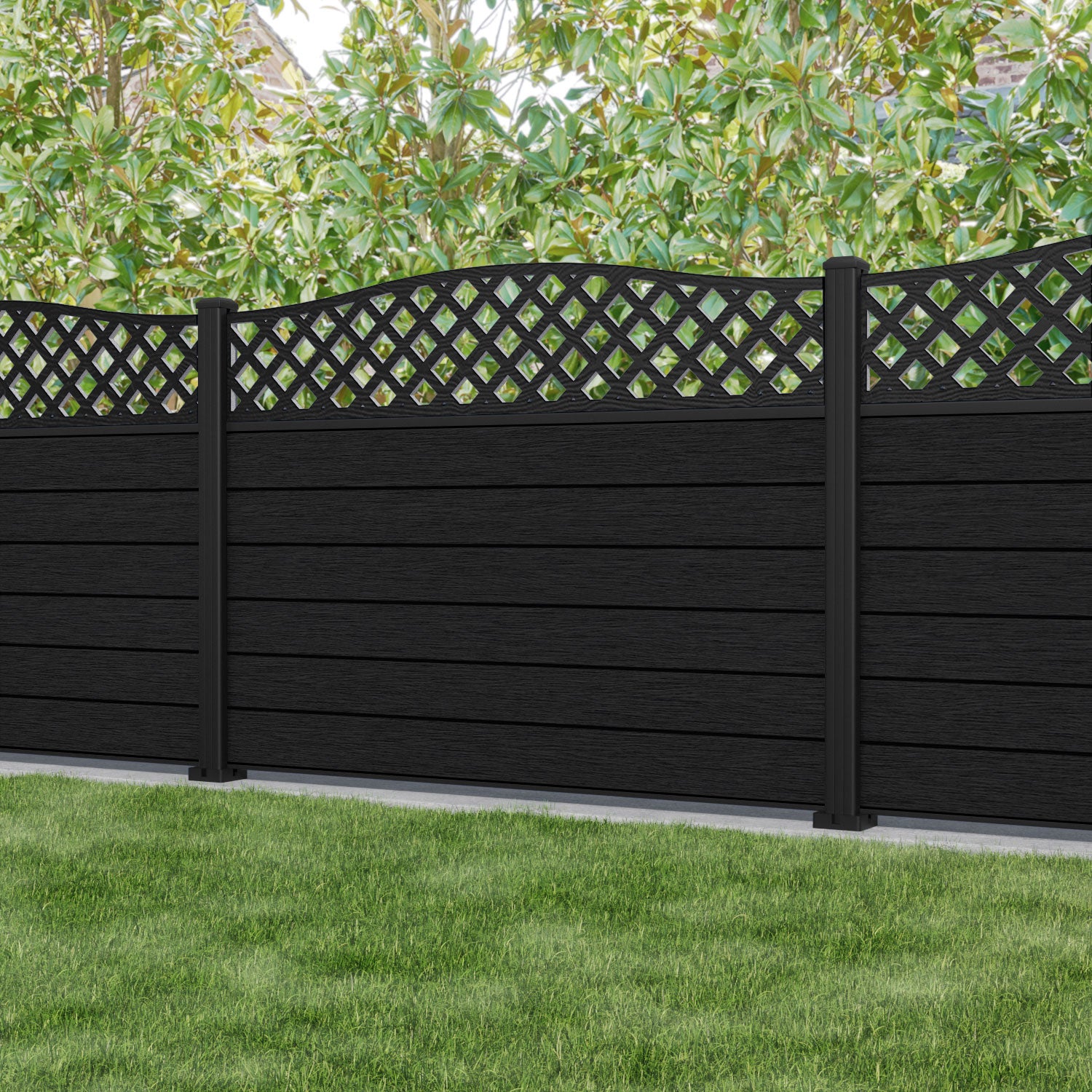Fusion High Wave Fence Panel - Black - with our aluminium posts