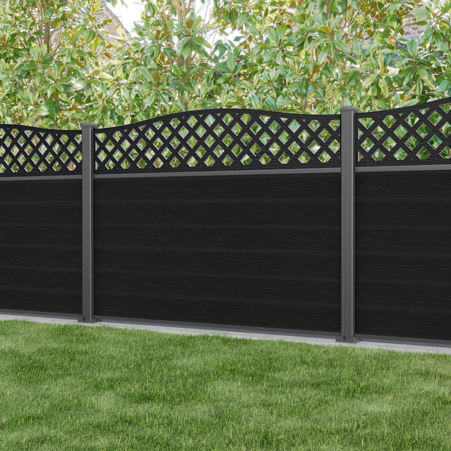 Classic High Wave Fence Panel - Black - with our aluminium posts