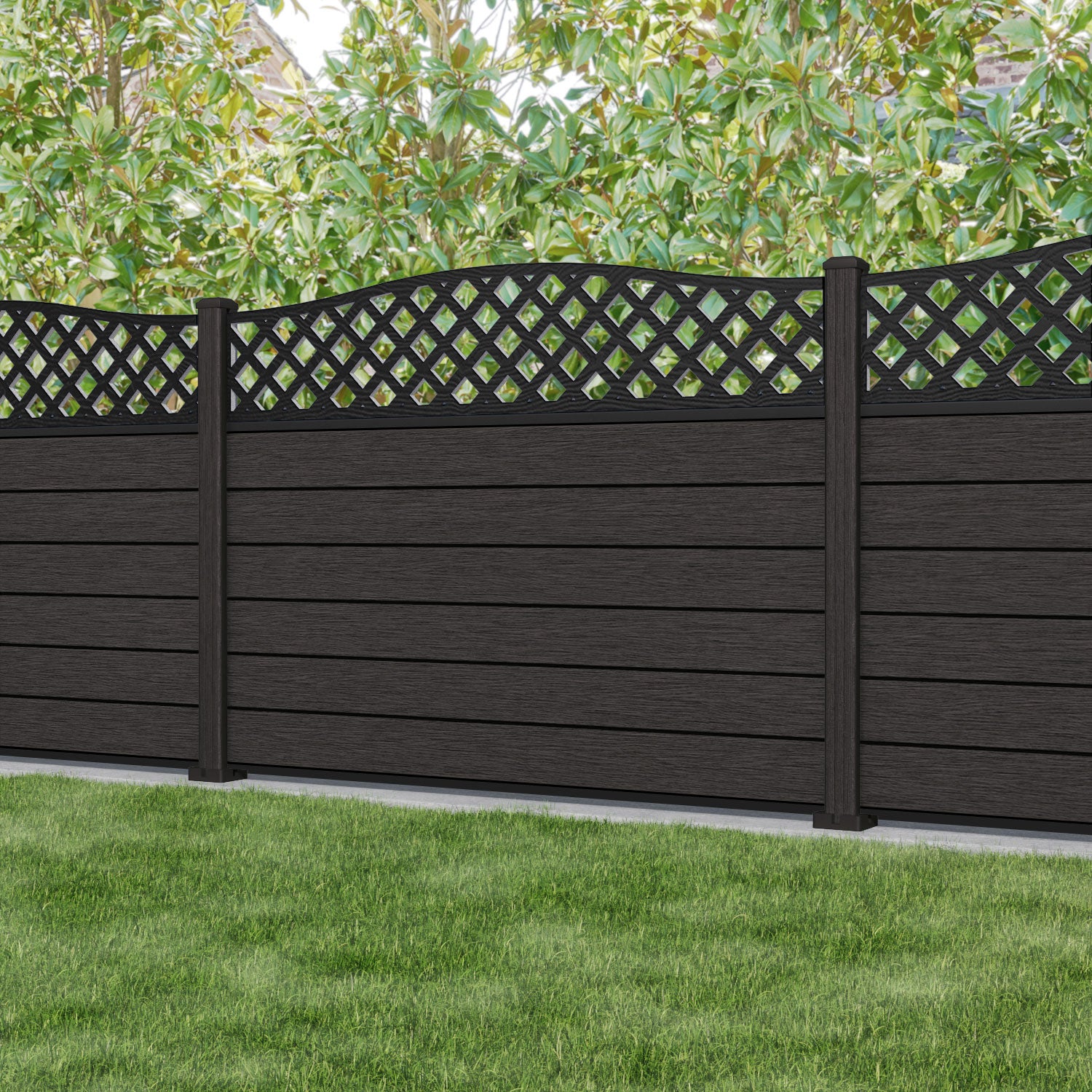 Fusion High Wave Fence Panel - Dark Oak - with our composite posts