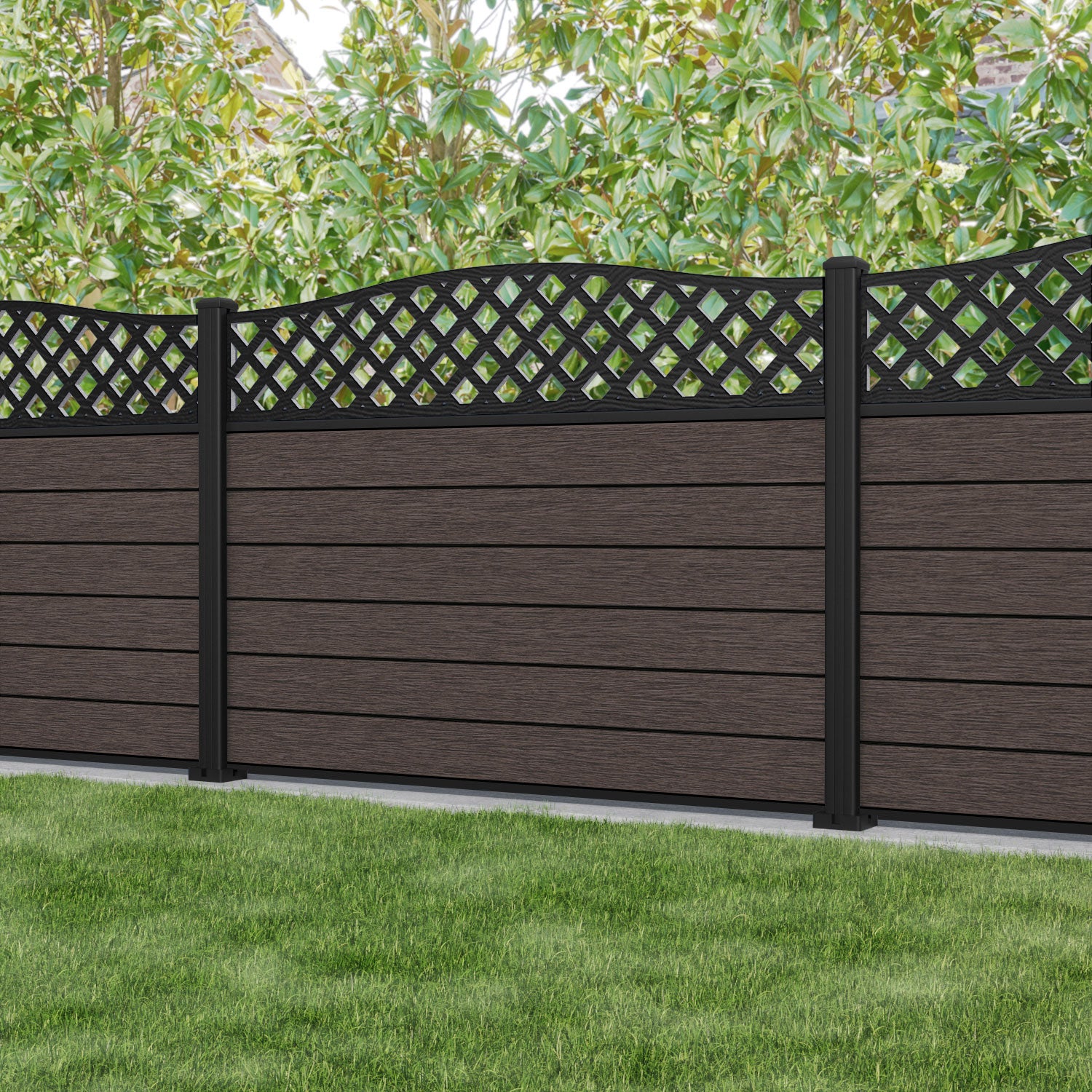 Fusion High Wave Fence Panel - Mid Brown - with our aluminium posts